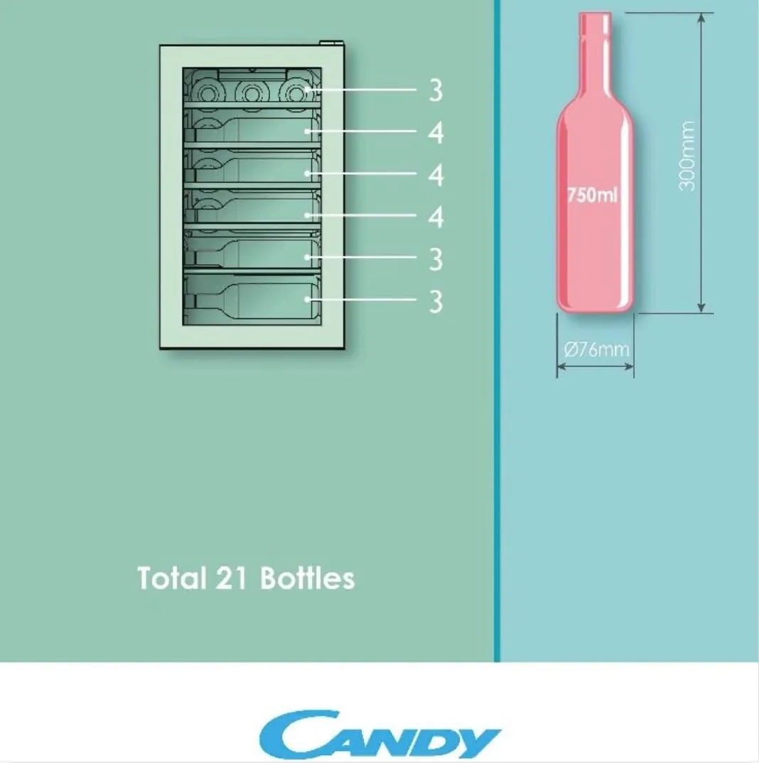 Candy DiVino CWC 021 ELSP/NF Cantinetta Vino, 21 Bottiglie, App hOn con Tecnologia Vivino, Ripiani in Legno, Monozona, 39 dB, Classe G, 40x55x70 cm, Nero - immagine 8