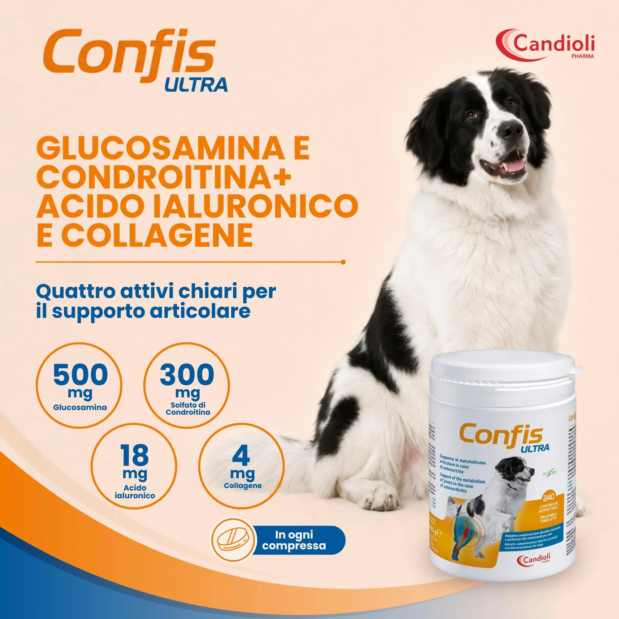 Candioli Confis Ultra Cane, Integratore Articolazioni con Glucosamina, Condroitina, Acido Ialuronico e Collagene, 240 Compresse - immagine 3