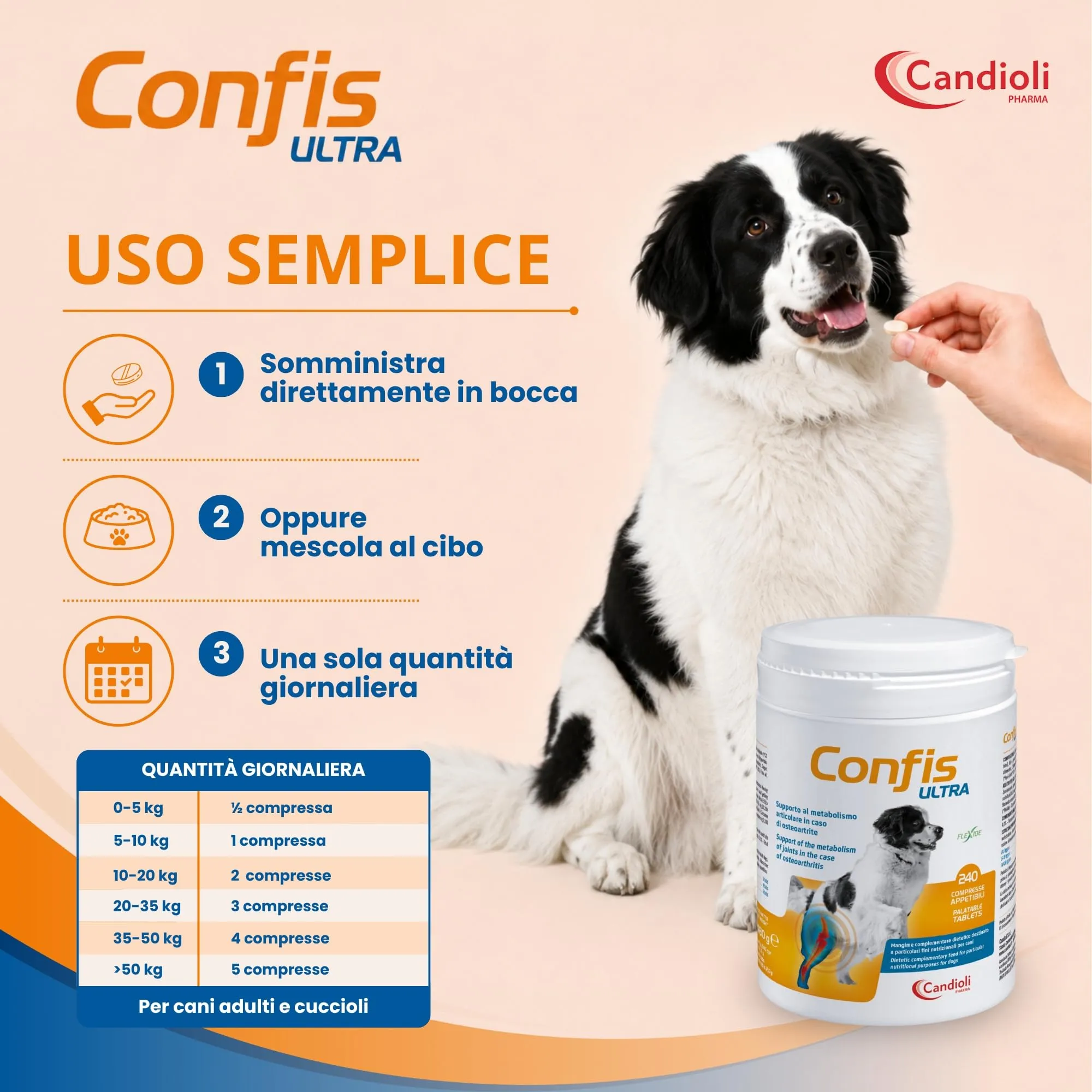 Candioli Confis Ultra Cane, Integratore Articolazioni con Glucosamina, Condroitina, Acido Ialuronico e Collagene, 240 Compresse - immagine 5
