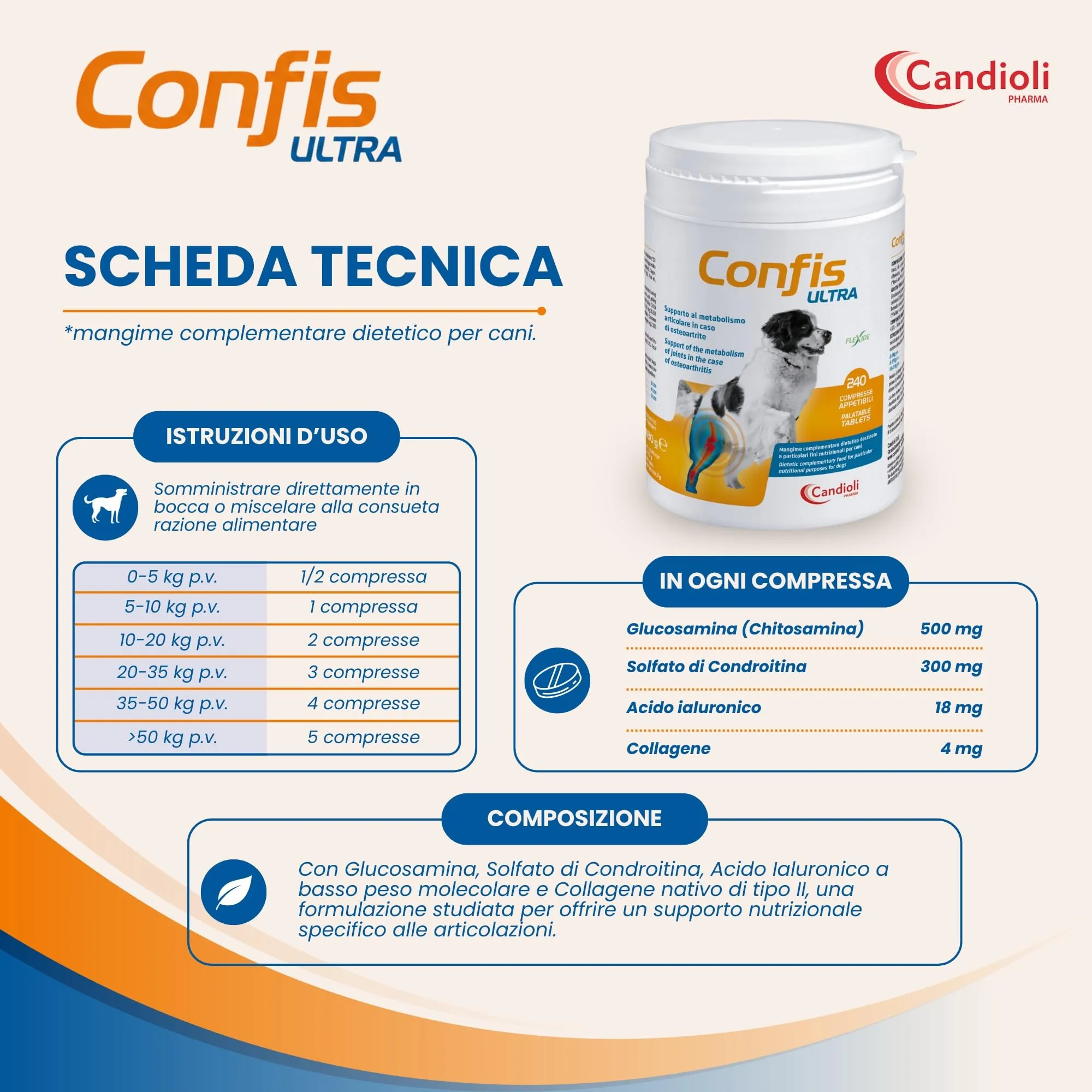 Candioli Confis Ultra Cane, Integratore Articolazioni con Glucosamina, Condroitina, Acido Ialuronico e Collagene, 240 Compresse - immagine 6