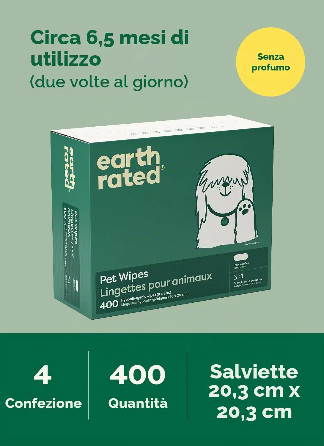 Earth Rated Salviette Ipoallergeniche per Cani, Senza Profumo, 400 Pezzi - immagine 8