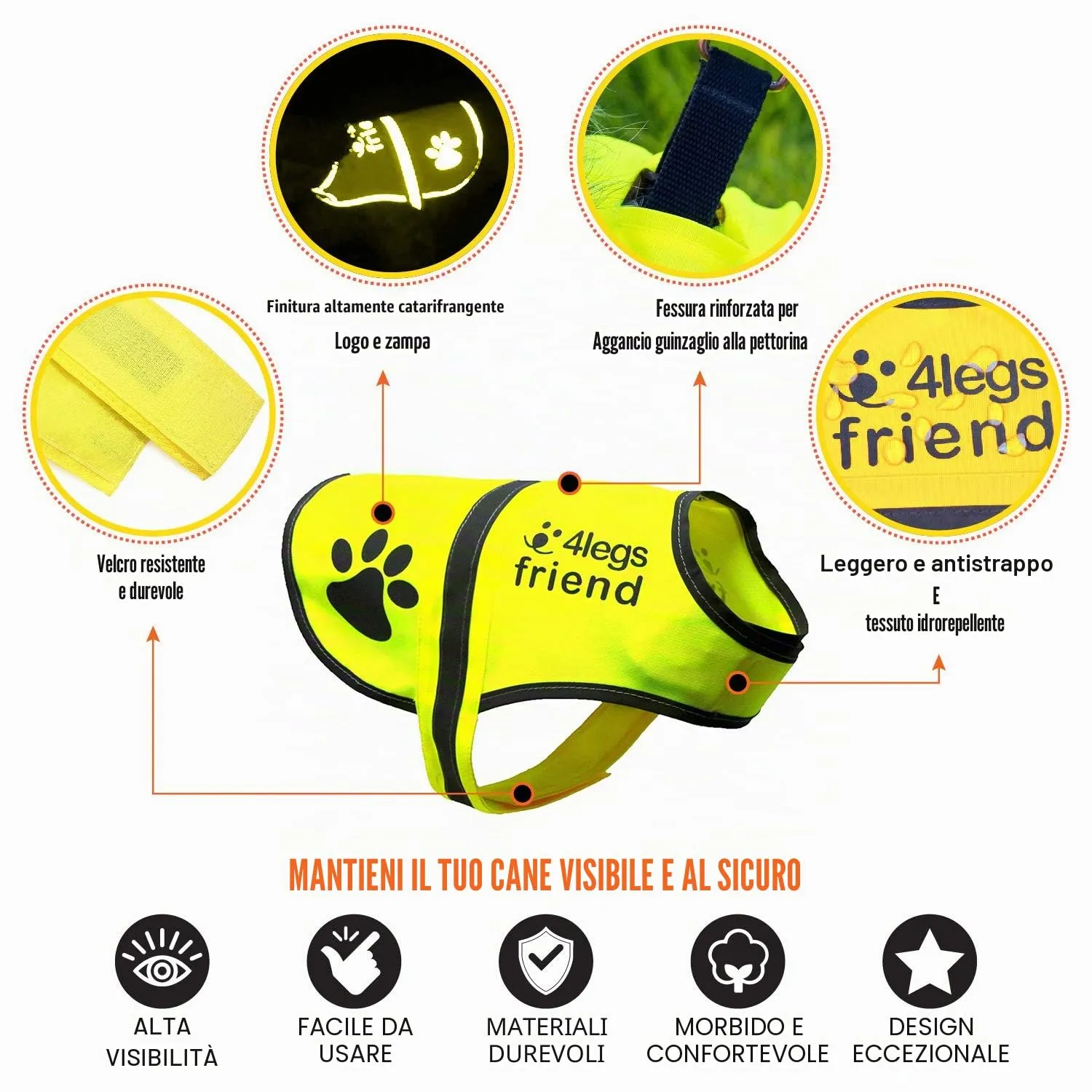 4LegsFriend Giubbotto Riflettente di Sicurezza per Cani, Giallo, Small - immagine 2