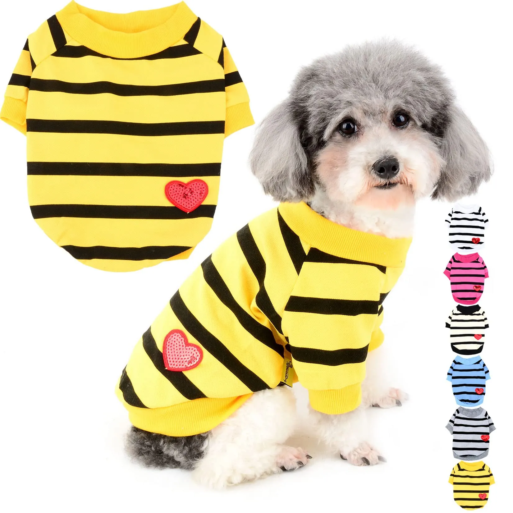 Zunea Magliette per Cani a Righe con Paillettes Cuore, Cotone, Giallo Scuro, XS - immagine 1