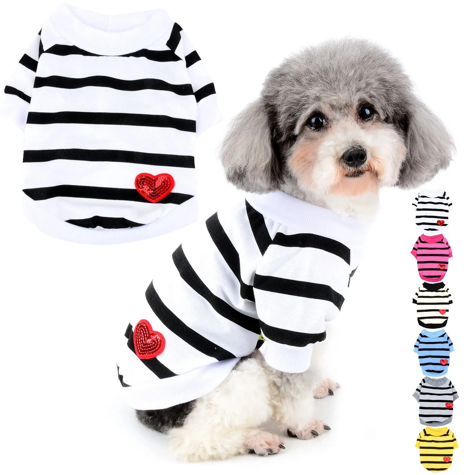 Zunea Magliette per Cani a Righe con Paillettes Cuore, Cotone, Bianco, S - immagine 1