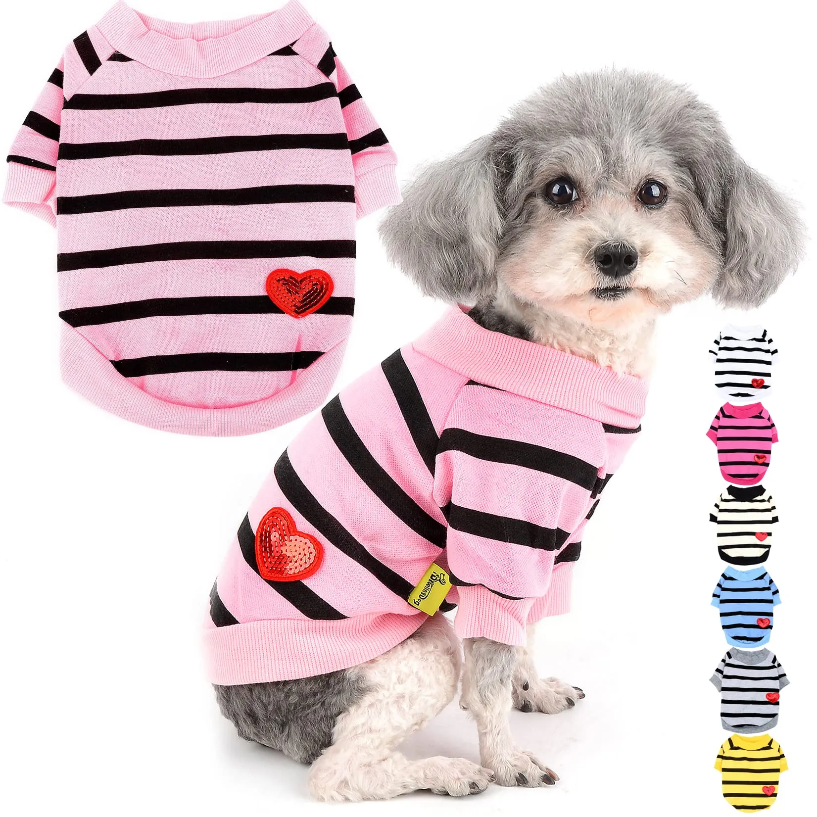 Zunea Magliette per Cani Piccola Taglia a Righe con Paillettes Cuore in Cotone, Babyrosa, M - immagine 1