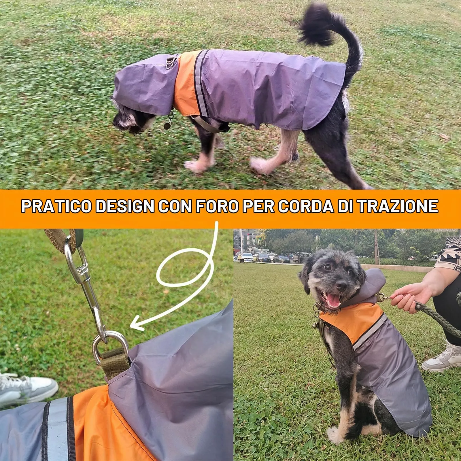 SLE Impermeabile per Cani con Cappuccio e Strisce Riflettenti, Taglia M, Grigio - immagine 5