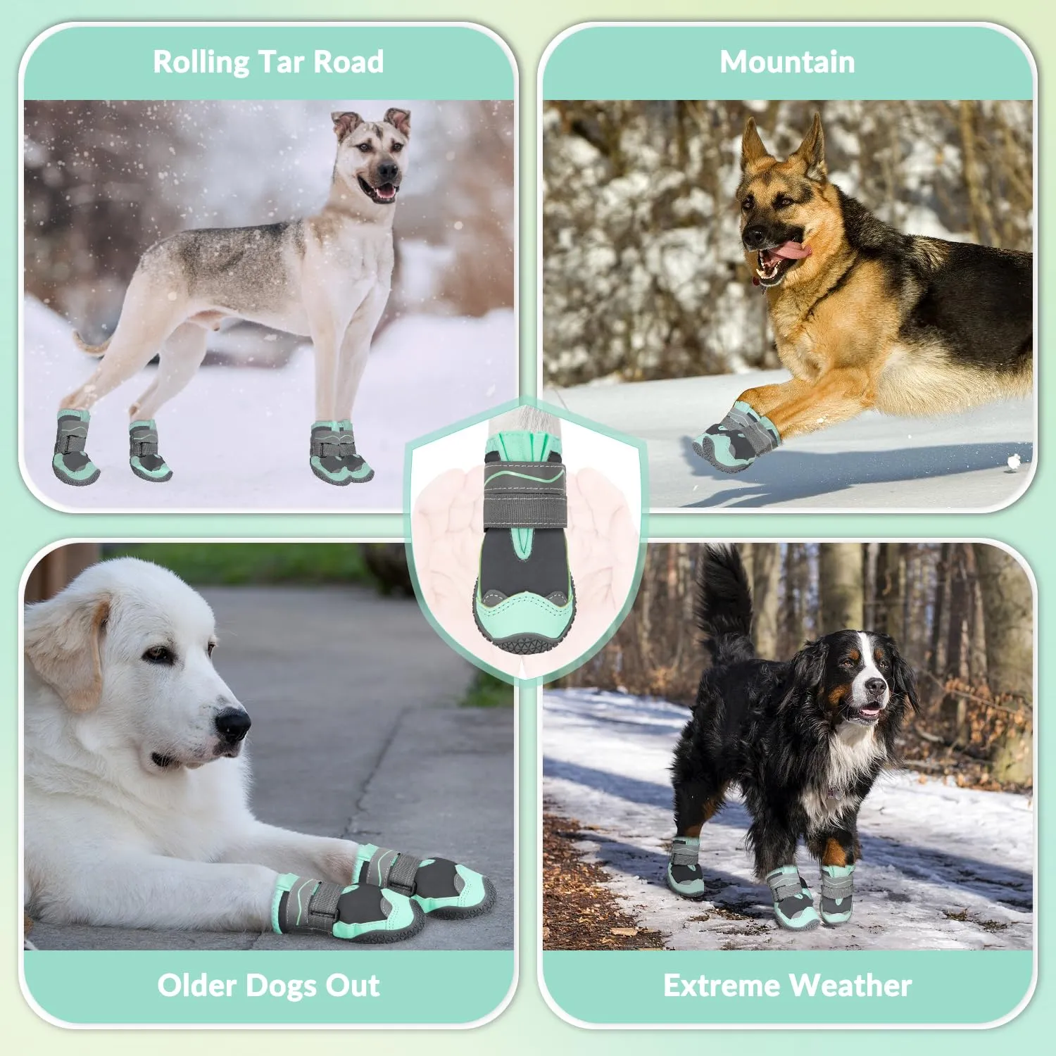 SlowTon Scarpe Protezione Zampe per Cani Impermeabili con Suola Antiscivolo e Chiusura Regolabile Riflettente, Stivali Invernali, Verde, Taglia 8 - immagine 8