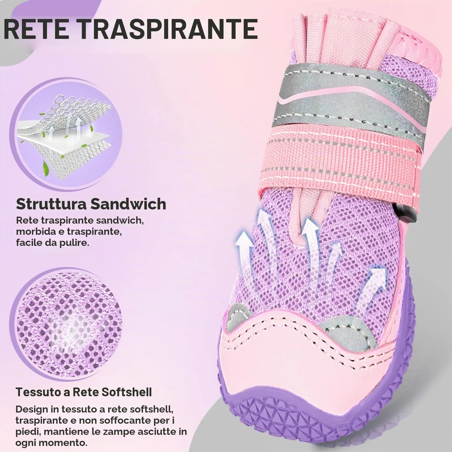 SlowTon Stivali per Cani Traspiranti, Antiscivolo e Riflettenti, Lavabili con Doppia Chiusura Regolabile, Taglia 3 Larghezza 5 cm, Rosa-viola - immagine 4