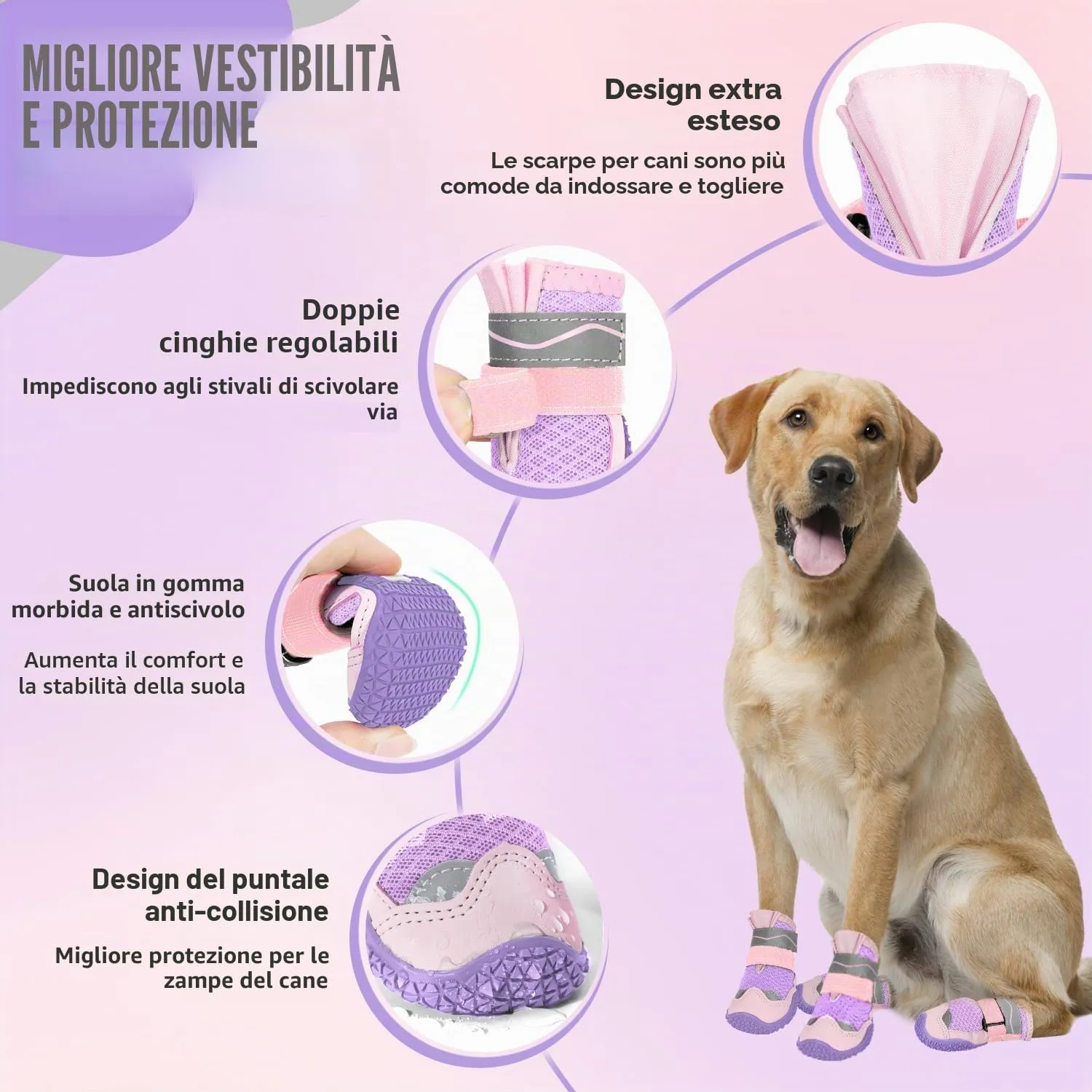 SlowTon Stivali per Cani Traspiranti, Antiscivolo e Riflettenti, Lavabili con Doppia Chiusura Regolabile, Taglia 3 Larghezza 5 cm, Rosa-viola - immagine 5