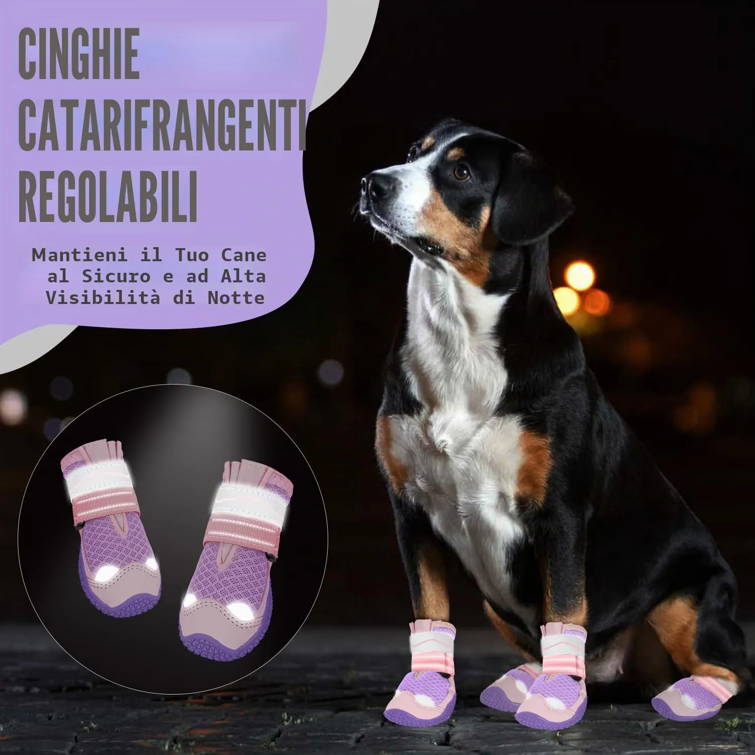 SlowTon Stivali per Cani Traspiranti, Antiscivolo e Riflettenti, Lavabili con Doppia Chiusura Regolabile, Taglia 3 Larghezza 5 cm, Rosa-viola - immagine 6