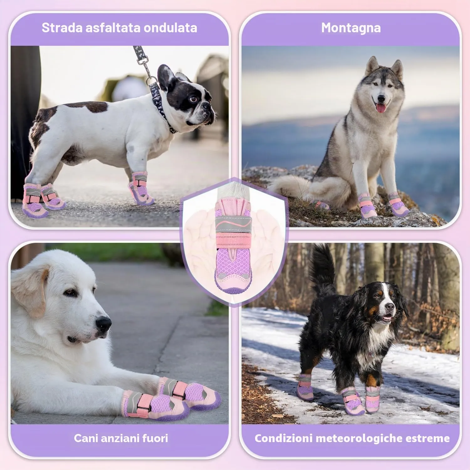 SlowTon Stivali per Cani Traspiranti, Antiscivolo e Riflettenti, Lavabili con Doppia Chiusura Regolabile, Taglia 3 Larghezza 5 cm, Rosa-viola - immagine 8