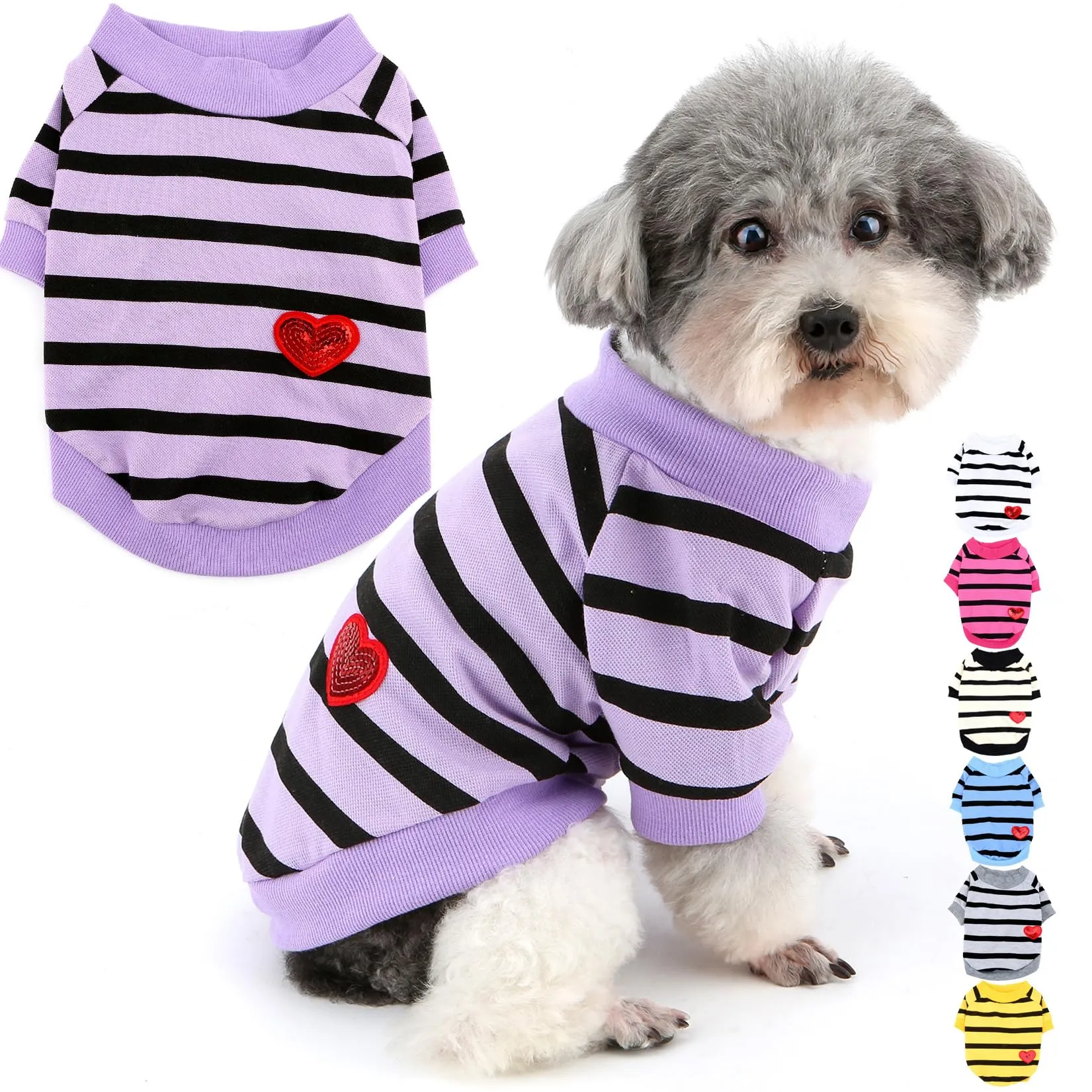 Zunea Magliette per Cani Piccola Taglia a Righe con Paillettes Cuore, Cotone, Viola, XS - immagine 1