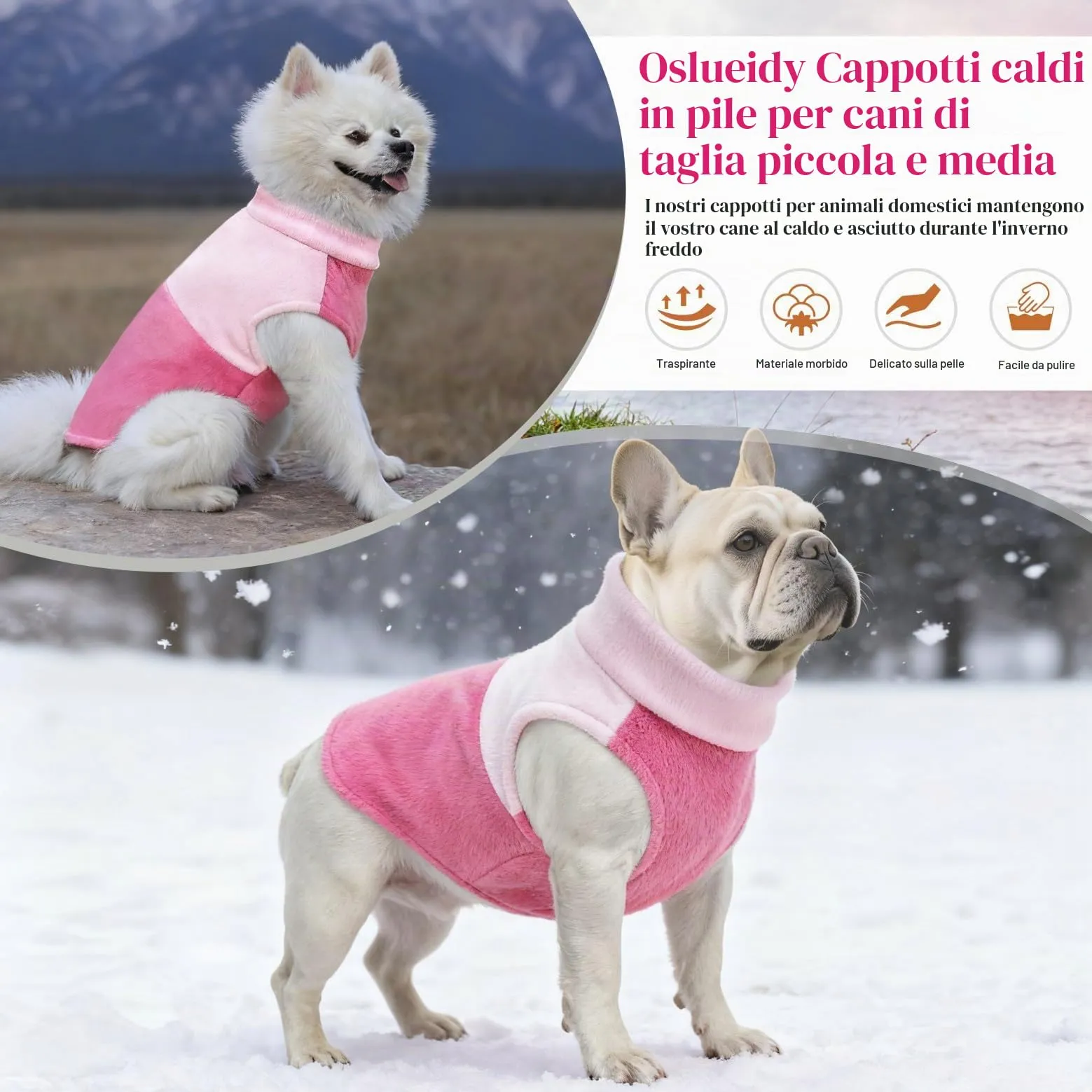 Oslueidy Cappotto in pile per cani con cappuccio, Rosa, L - immagine 3