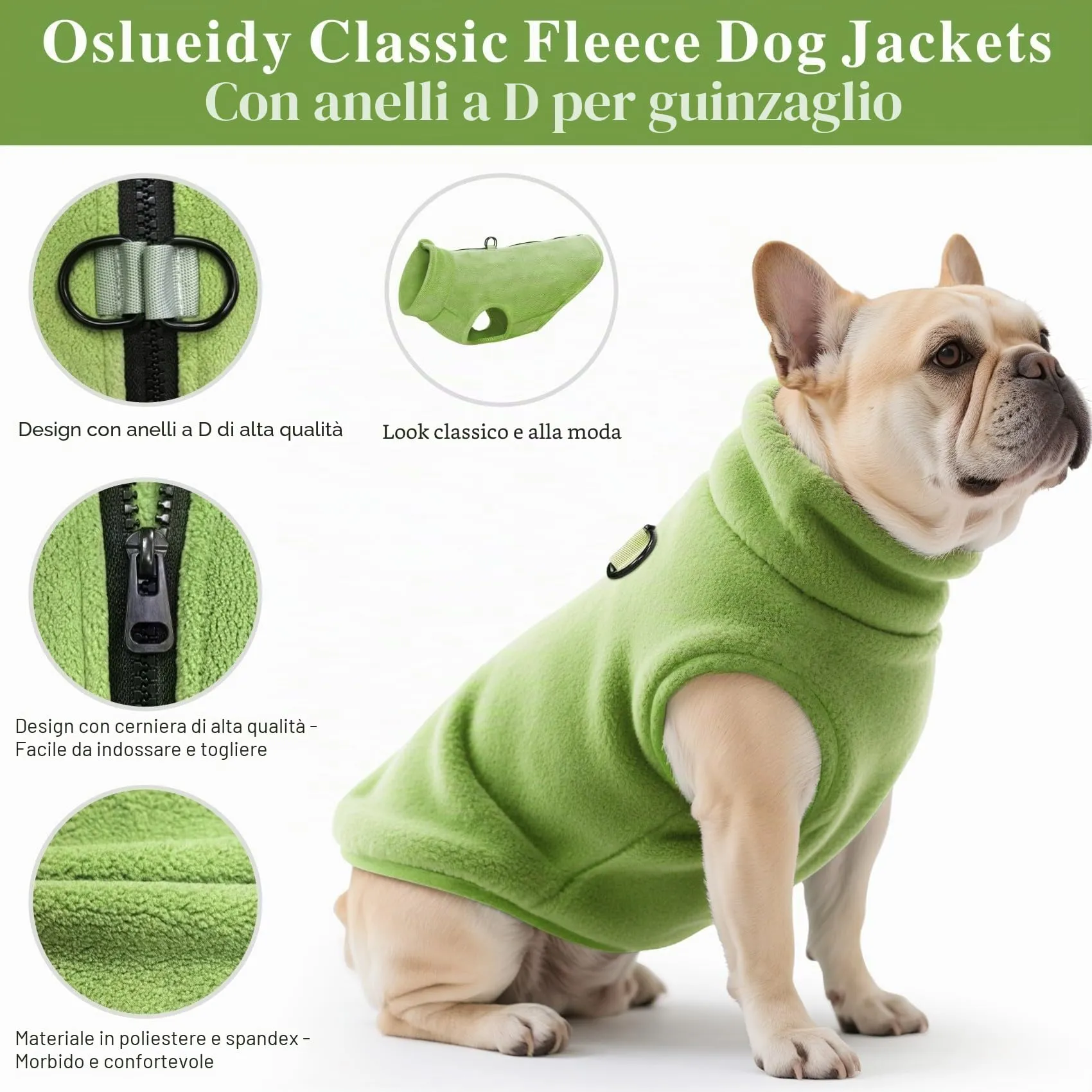 Oslueidy Cappotto in pile con cappuccio per cani, Verde, L - immagine 3