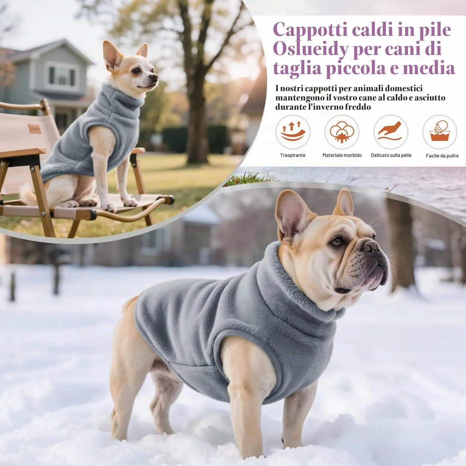 Oslueidy Cappotto in pile per cani con cappuccio, Grigio, L - immagine 4