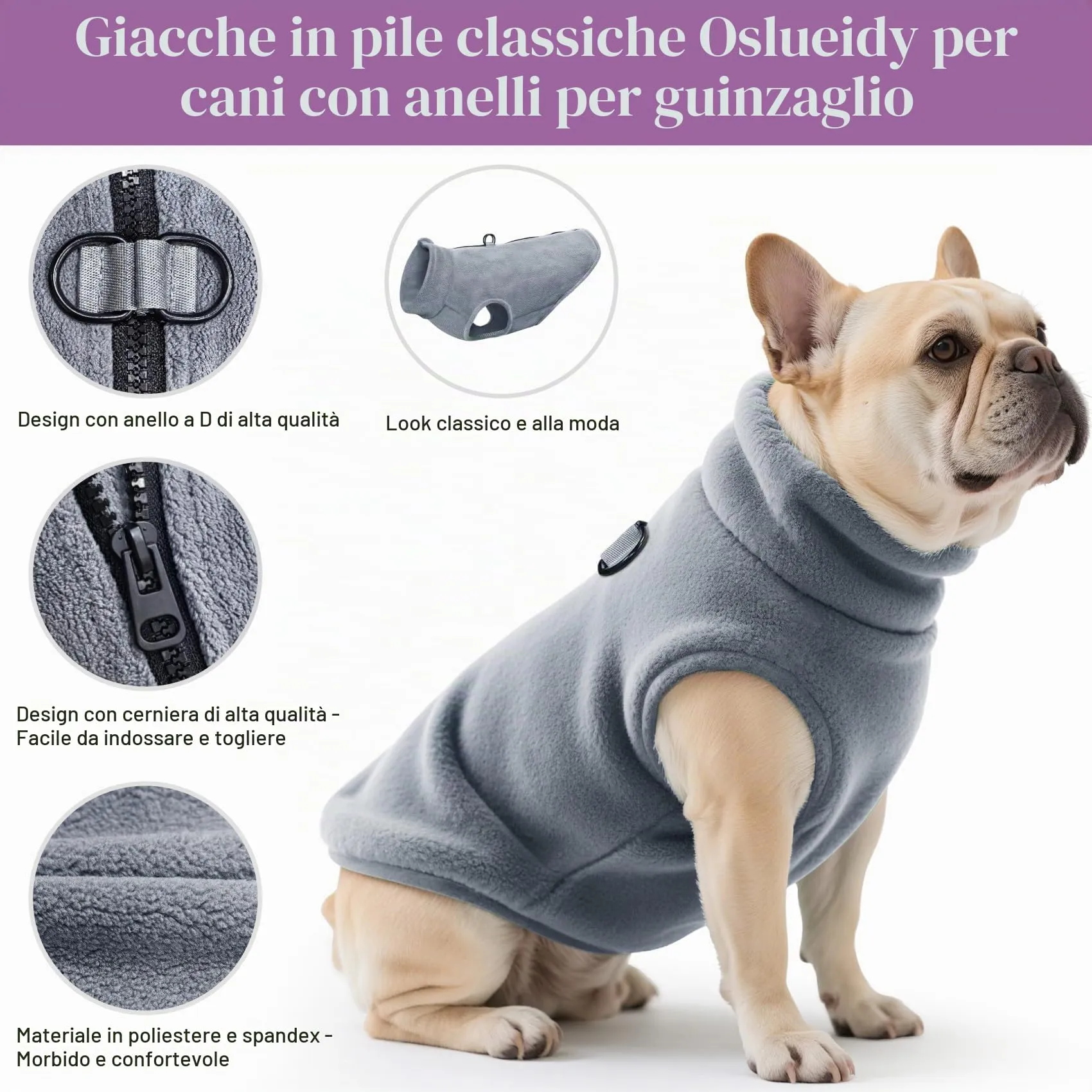 Oslueidy Cappotto in pile per cani con cappuccio, Grigio, L - immagine 6