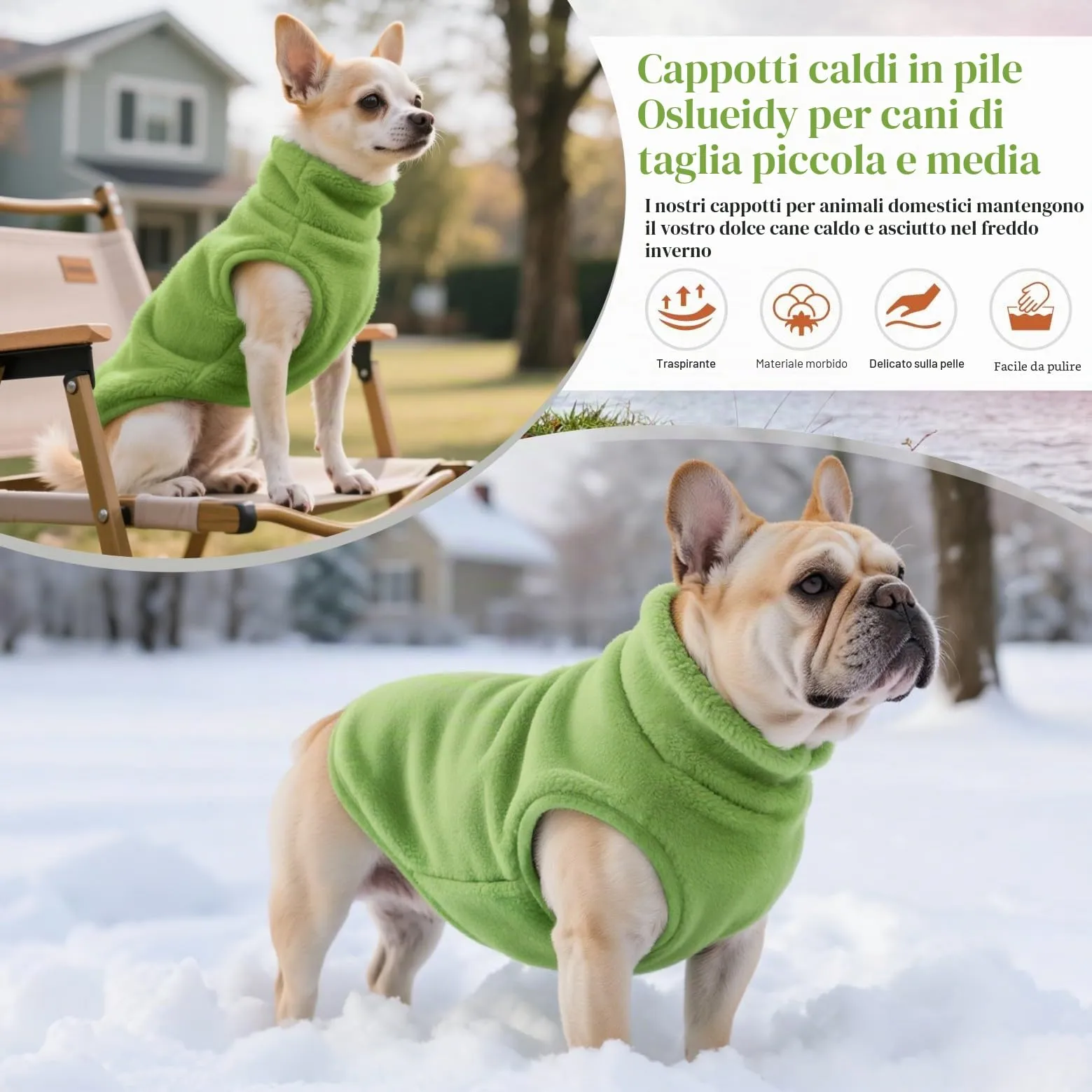 Oslueidy Cappotto in pile con cappuccio per cani, Verde, S - immagine 3