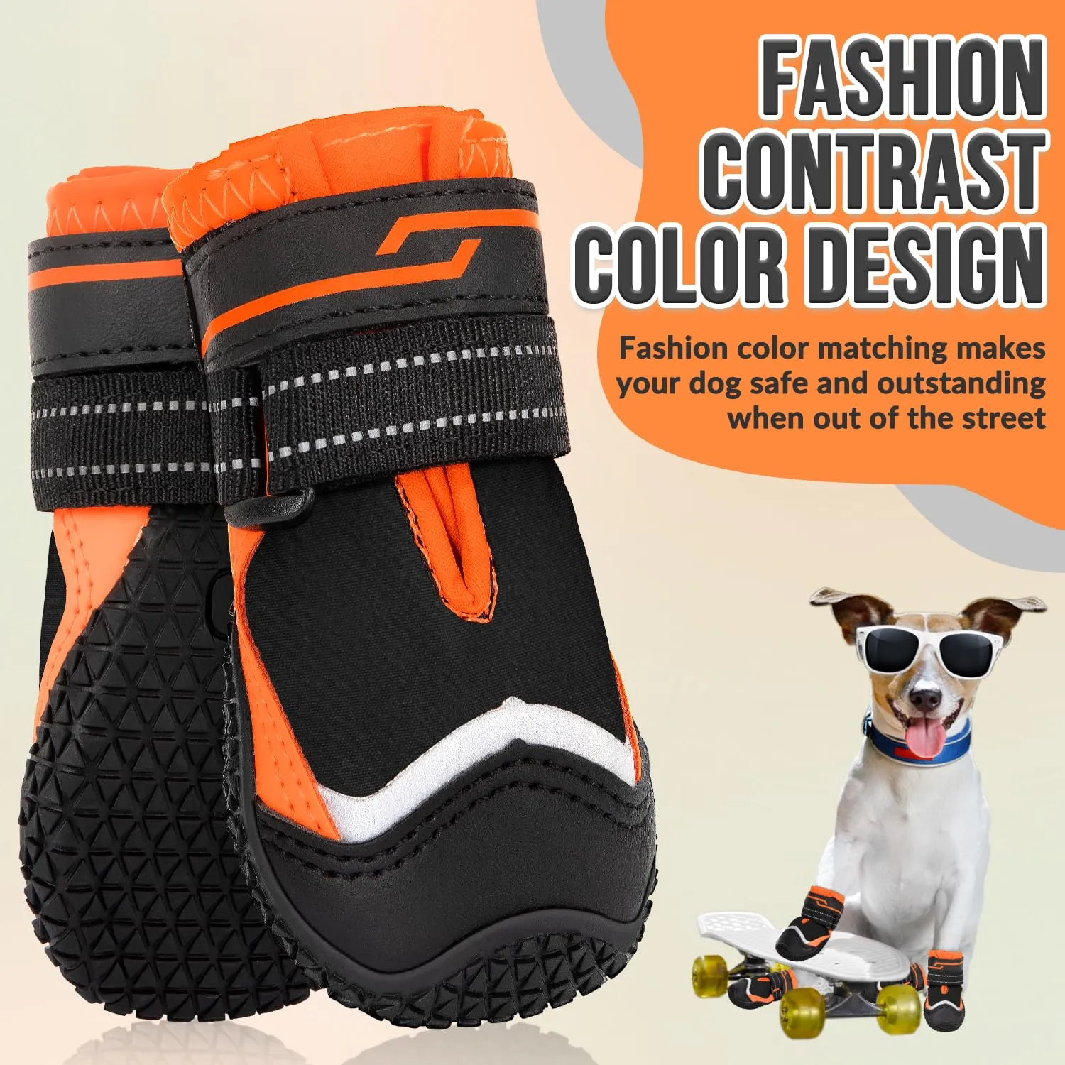 SlowTon Scarpe Protezione Zampe per Cani Impermeabili con Suola Antiscivolo e Chiusura Regolabile Riflettente, Stivali Invernali, Nero-arancione, Taglia 5 - immagine 3