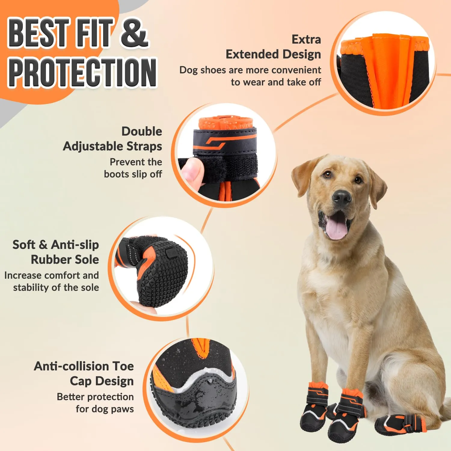 SlowTon Scarpe Protezione Zampe per Cani Impermeabili con Suola Antiscivolo e Chiusura Regolabile Riflettente, Stivali Invernali, Nero-arancione, Taglia 5 - immagine 5