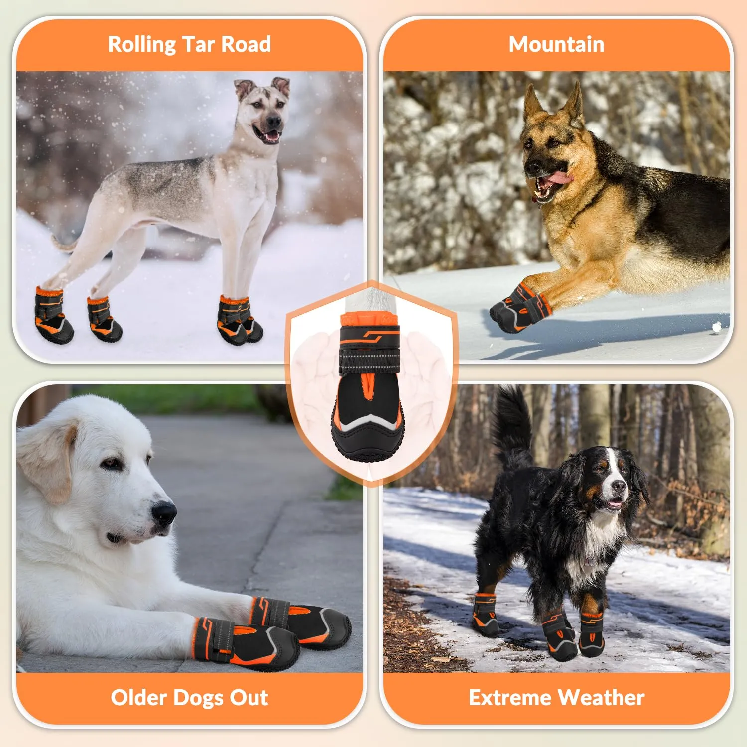 SlowTon Scarpe Protezione Zampe per Cani Impermeabili con Suola Antiscivolo e Chiusura Regolabile Riflettente, Stivali Invernali, Nero-arancione, Taglia 5 - immagine 8
