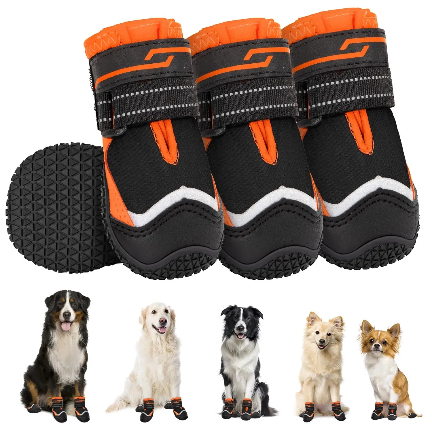 SlowTon Scarpe Protezione Zampe per Cani Impermeabili Antiscivolo Riflettenti, Nero-arancione, Taglia 3 - immagine 1