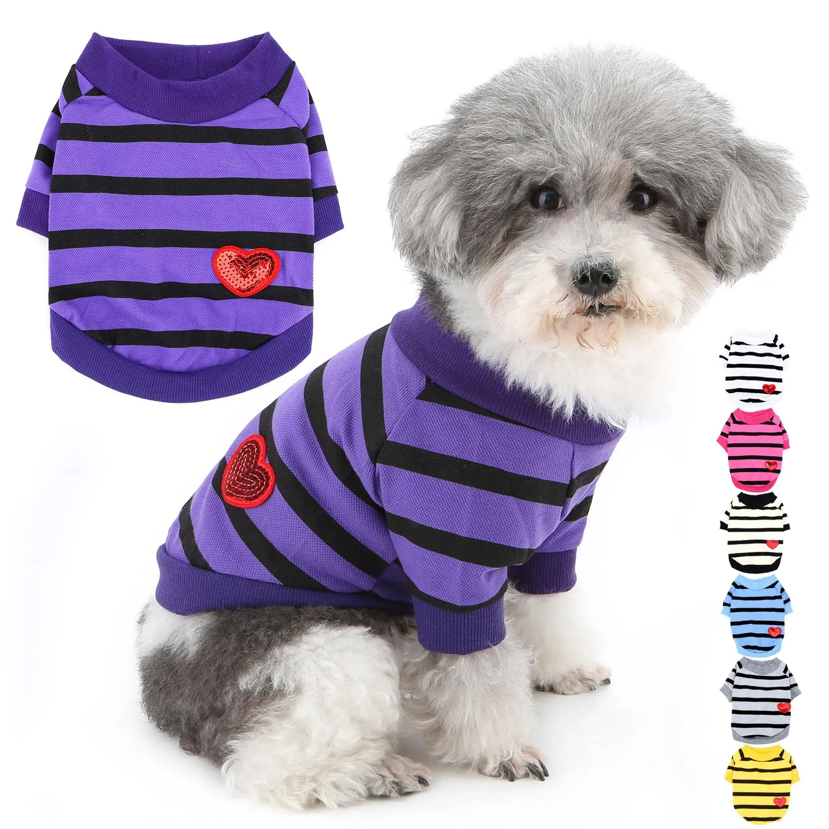 Zunea T-shirt estiva a righe con paillettes cuore per cani di piccola taglia, Prugna, Taglia M - immagine 1