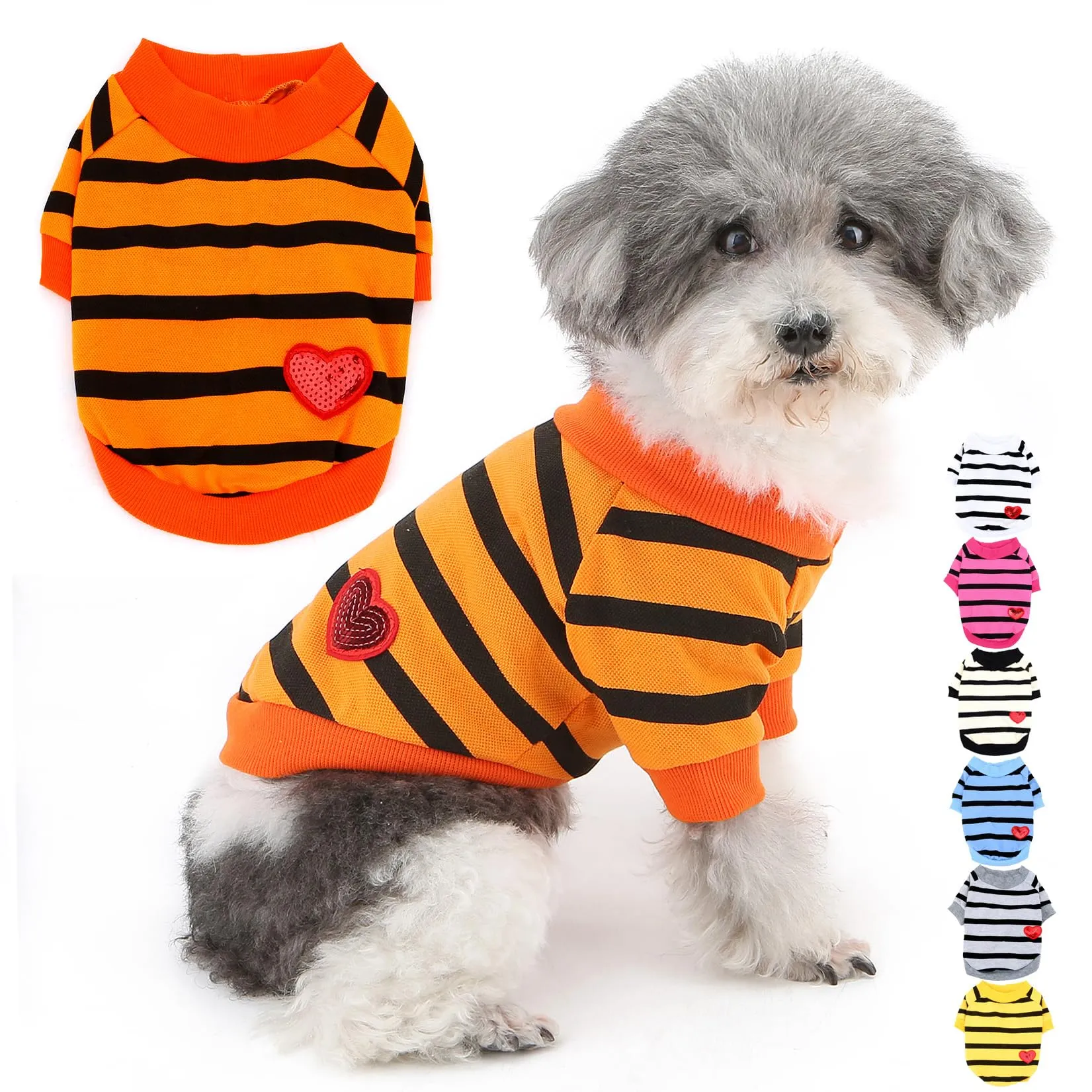 Zunea Camicia Estiva a Righe con Paillettes a Cuore per Cani di Piccola Taglia, Arancione, Taglia L - immagine 1