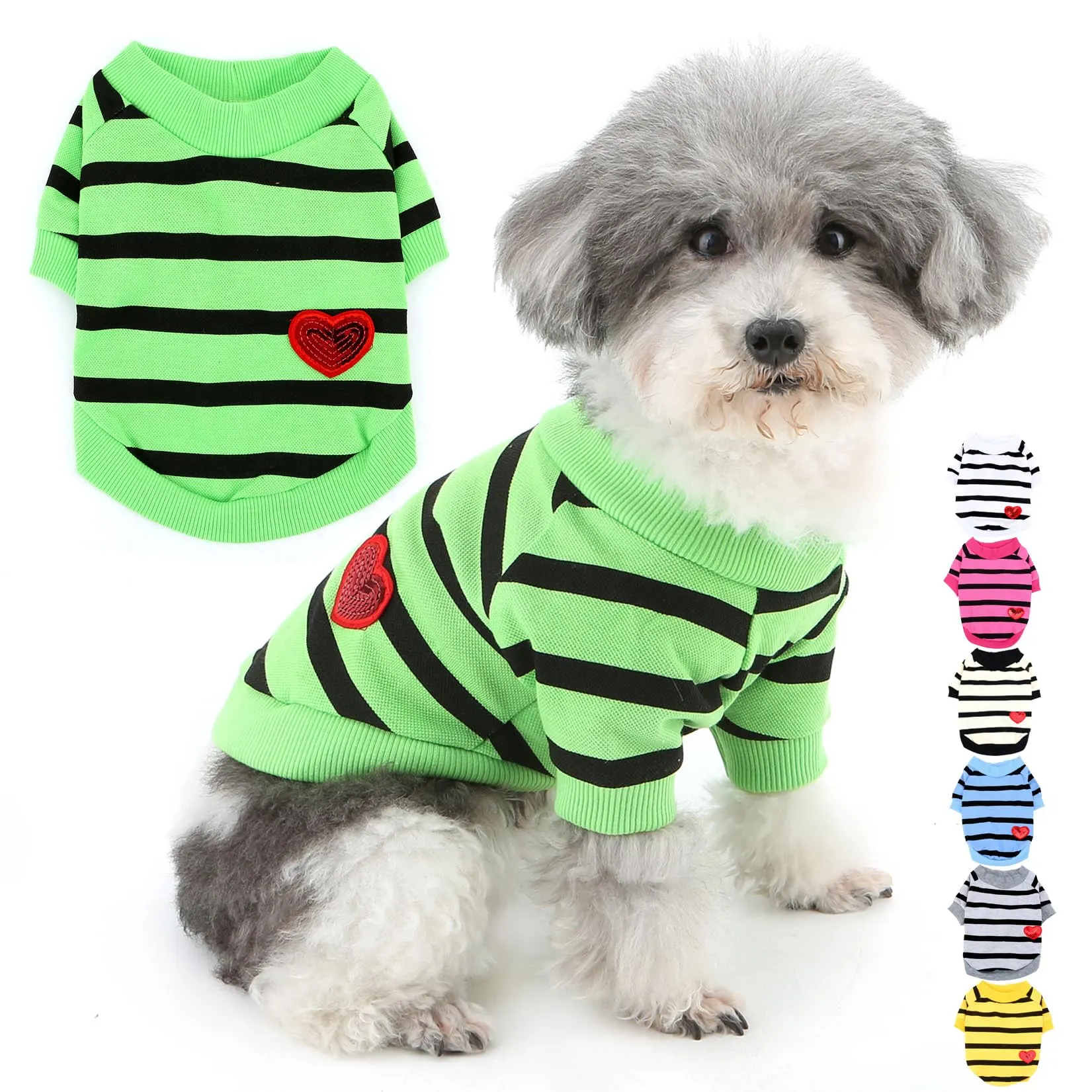 Zunea Magliette per cani di piccola taglia a righe con paillettes a cuore, verde, taglia XS - immagine 1