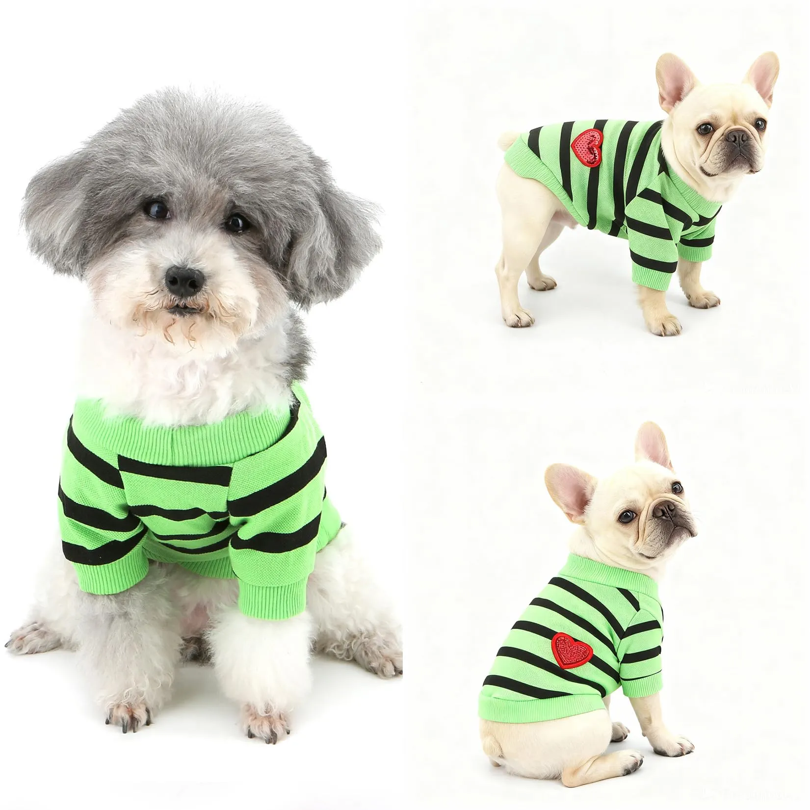 Zunea Magliette per cani di piccola taglia a righe con paillettes a cuore, verde, taglia XS - immagine 7