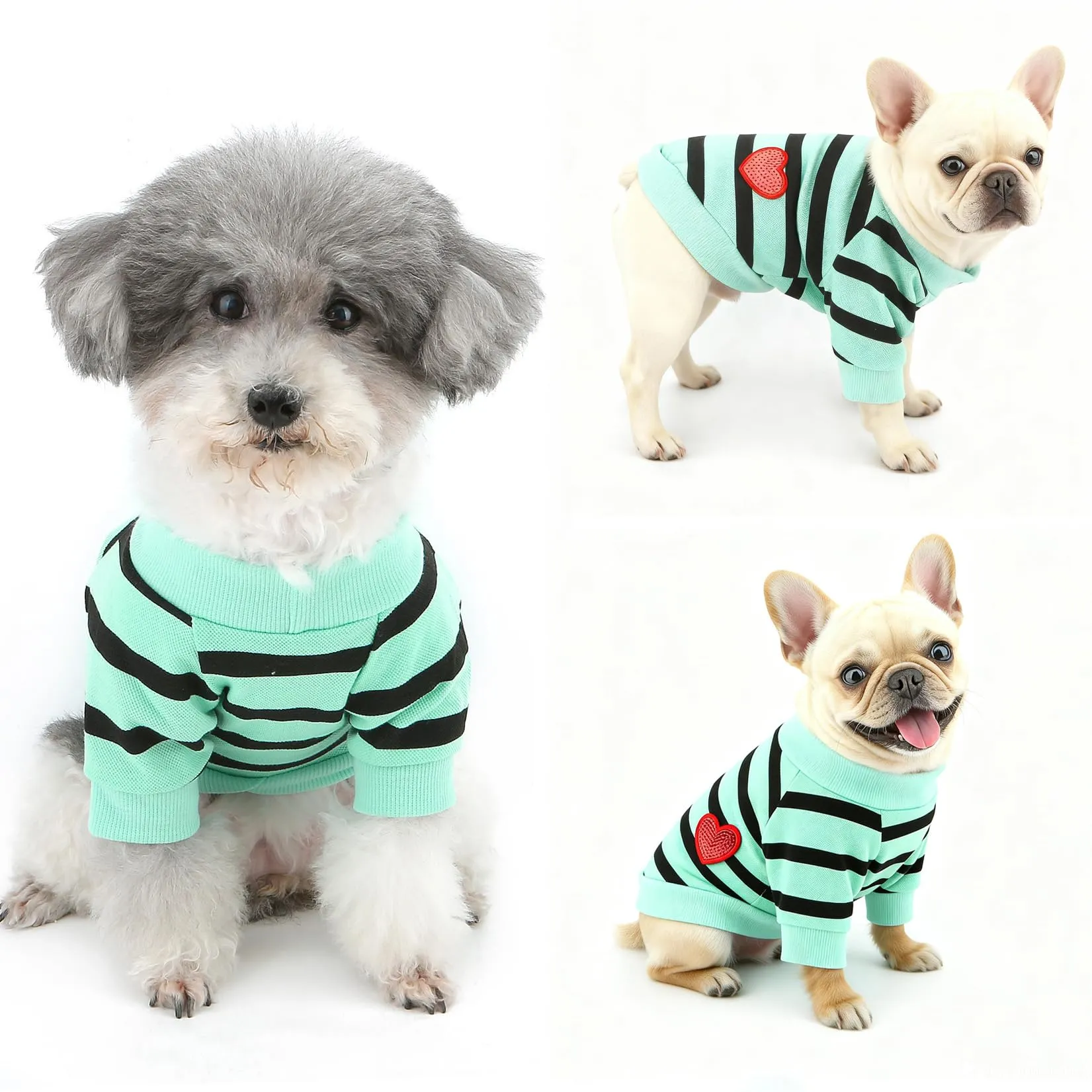 Zunea Camicie per cani di piccola taglia, T-shirt estiva a righe con paillettes e cuore, Blu menta, Taglia S - immagine 7