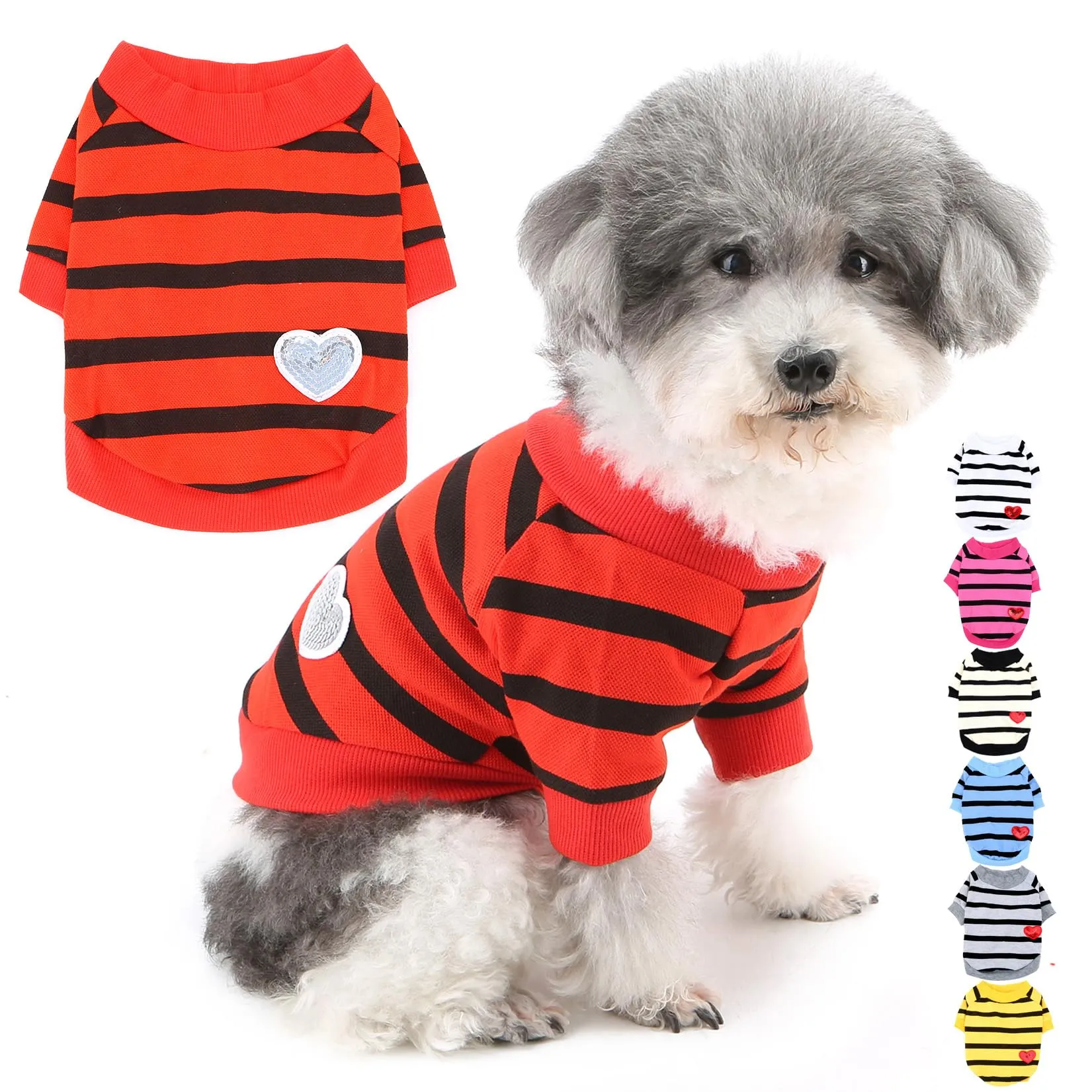 Zunea T-shirt estiva a righe con cuore a paillettes per cani di piccola taglia, Rosso, Taglia S - immagine 1