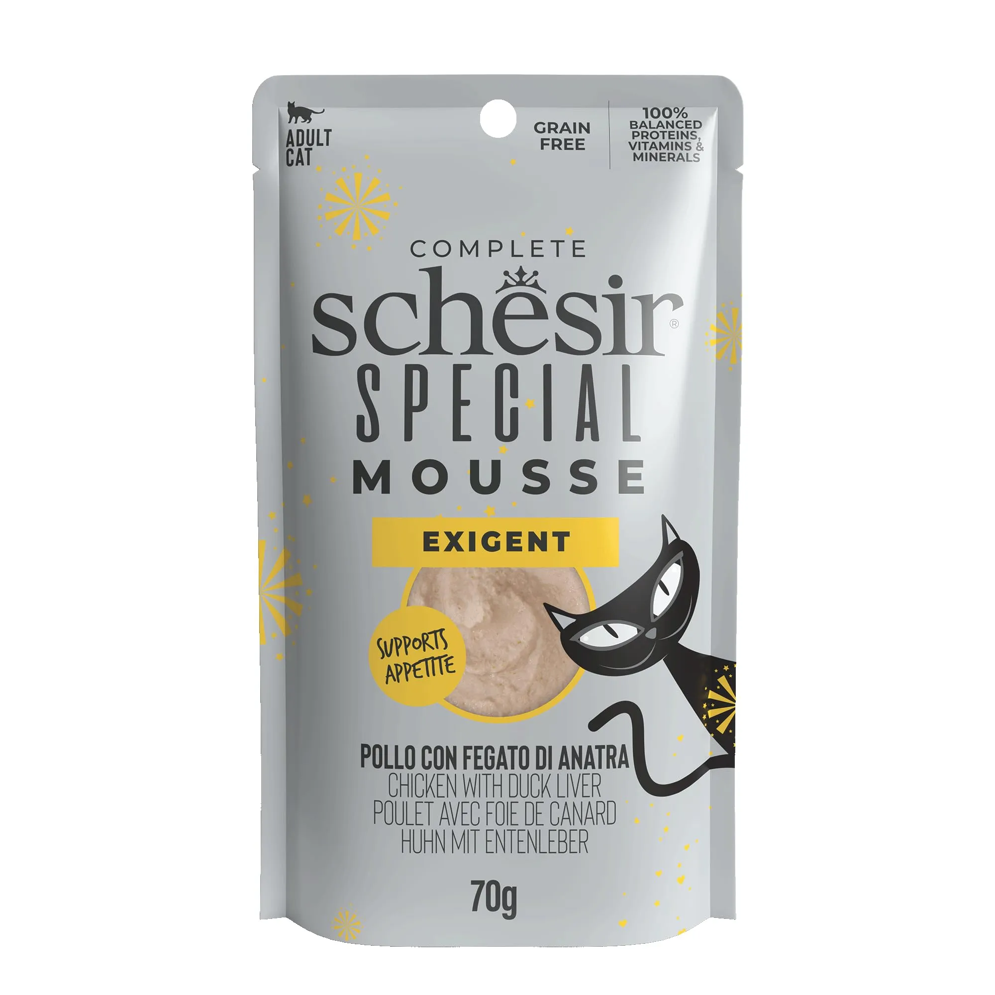 Schesir Special Exigent Filetti di Pollo con Anatra in Mousse, Alimento Umido Completo per Gatti, Grain Free, 12 x 70g - immagine 1
