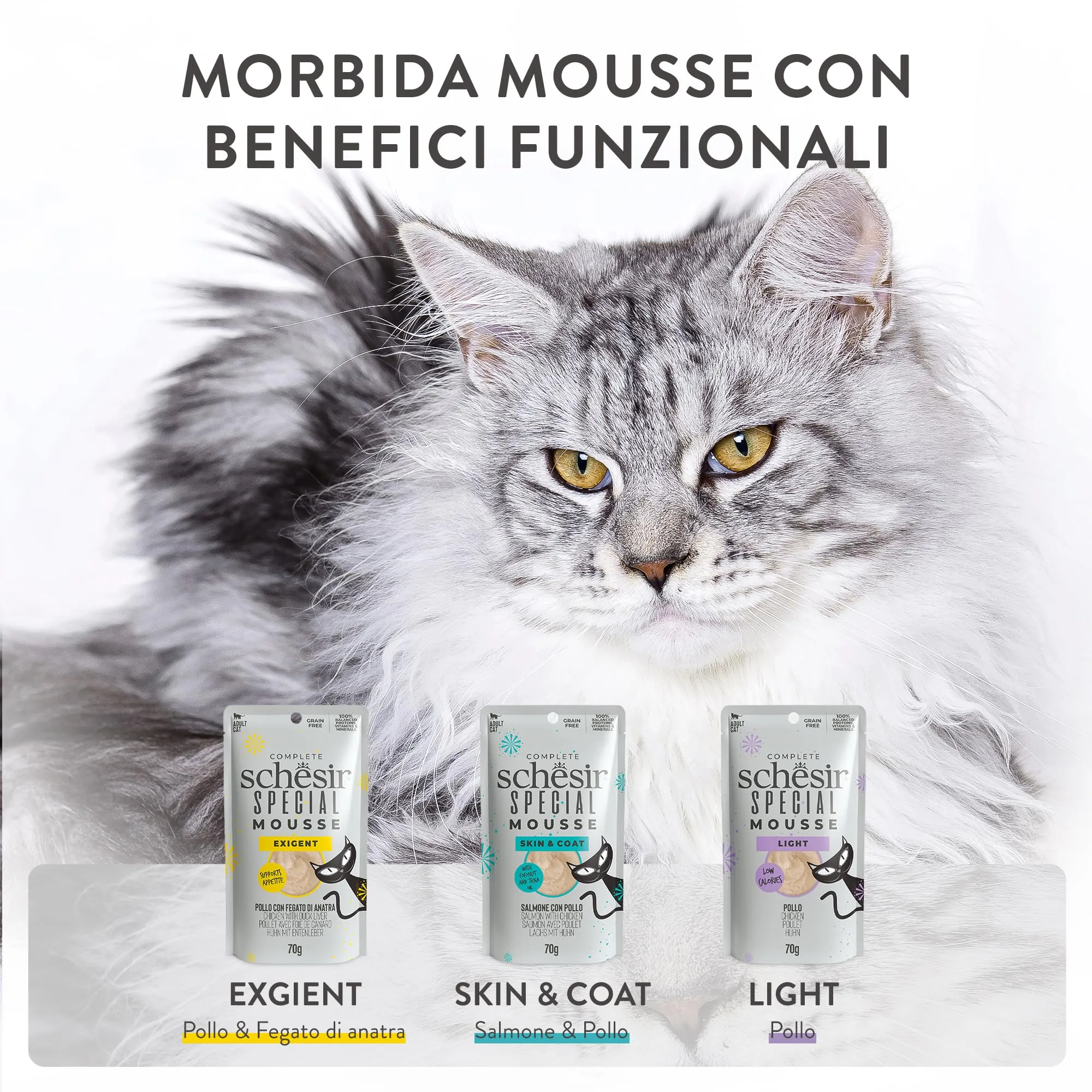 Schesir Special Exigent Filetti di Pollo con Anatra in Mousse, Alimento Umido Completo per Gatti, Grain Free, 12 x 70g - immagine 5