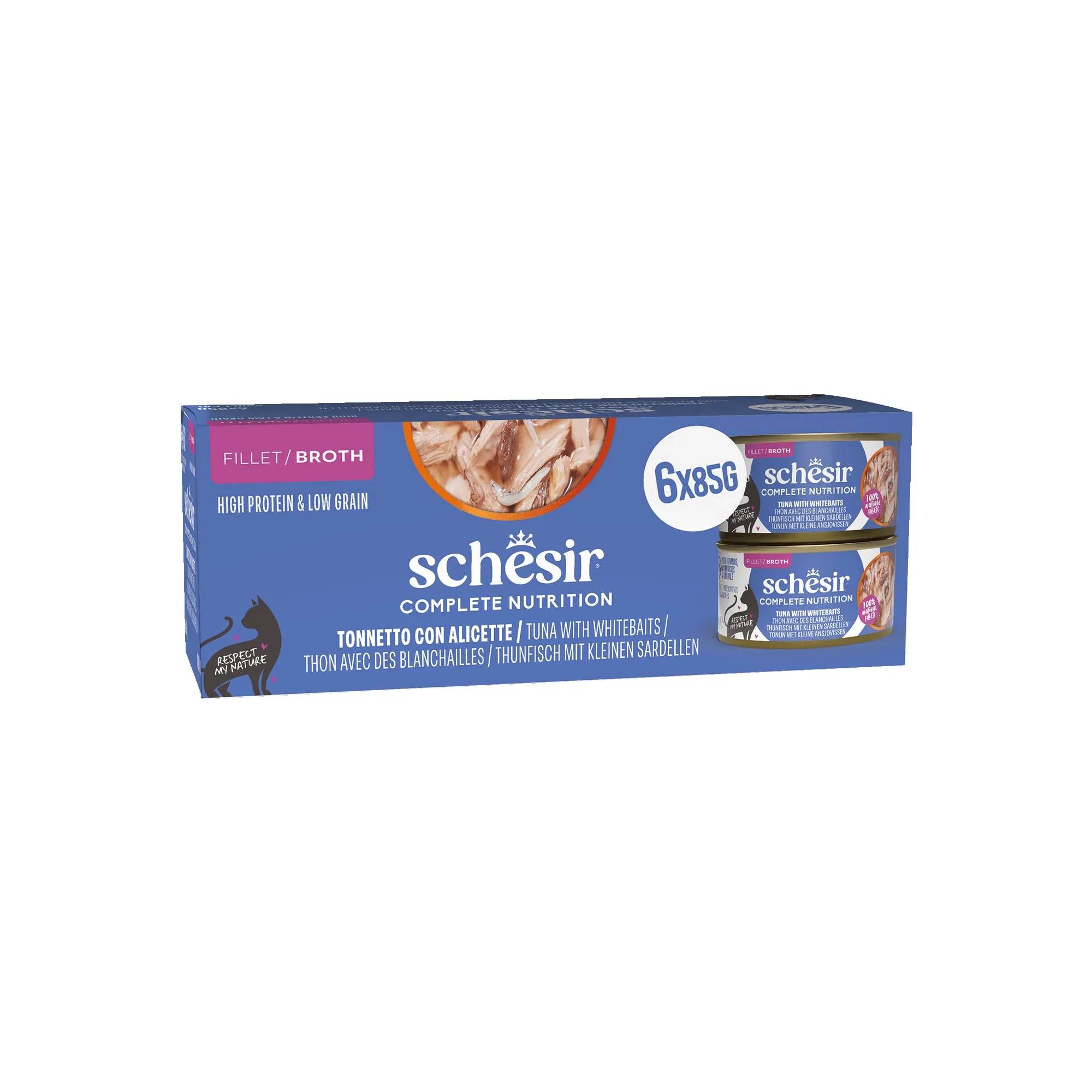 Schesir Tonnetto con Alicette in Brodo, Alimento Umido Completo per Gatti, 6 x 85g - immagine 1