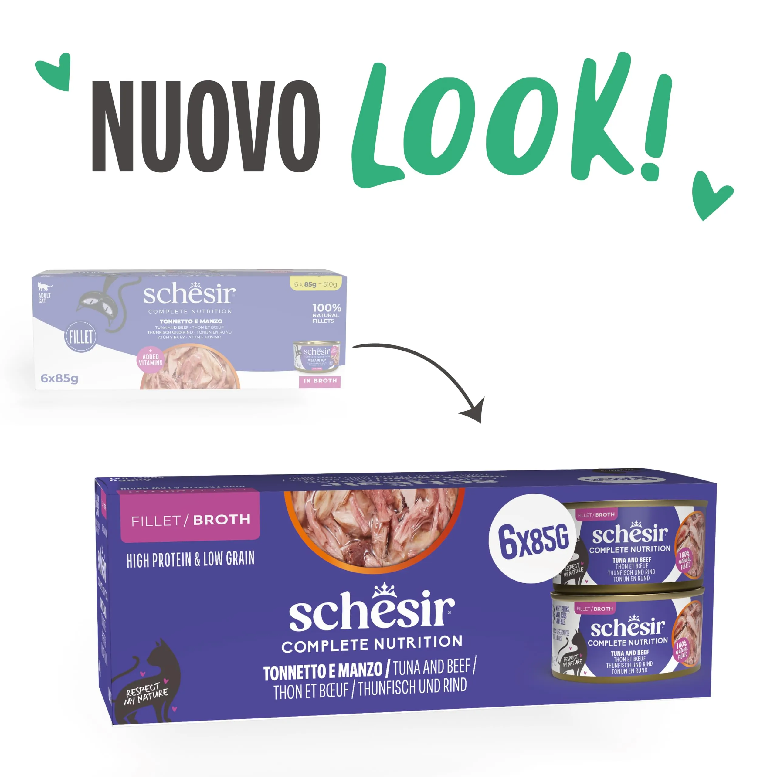 Schesir Tonnetto con Manzo in Brodo, Alimento Umido Completo per Gatti, 6 x 85g - immagine 2