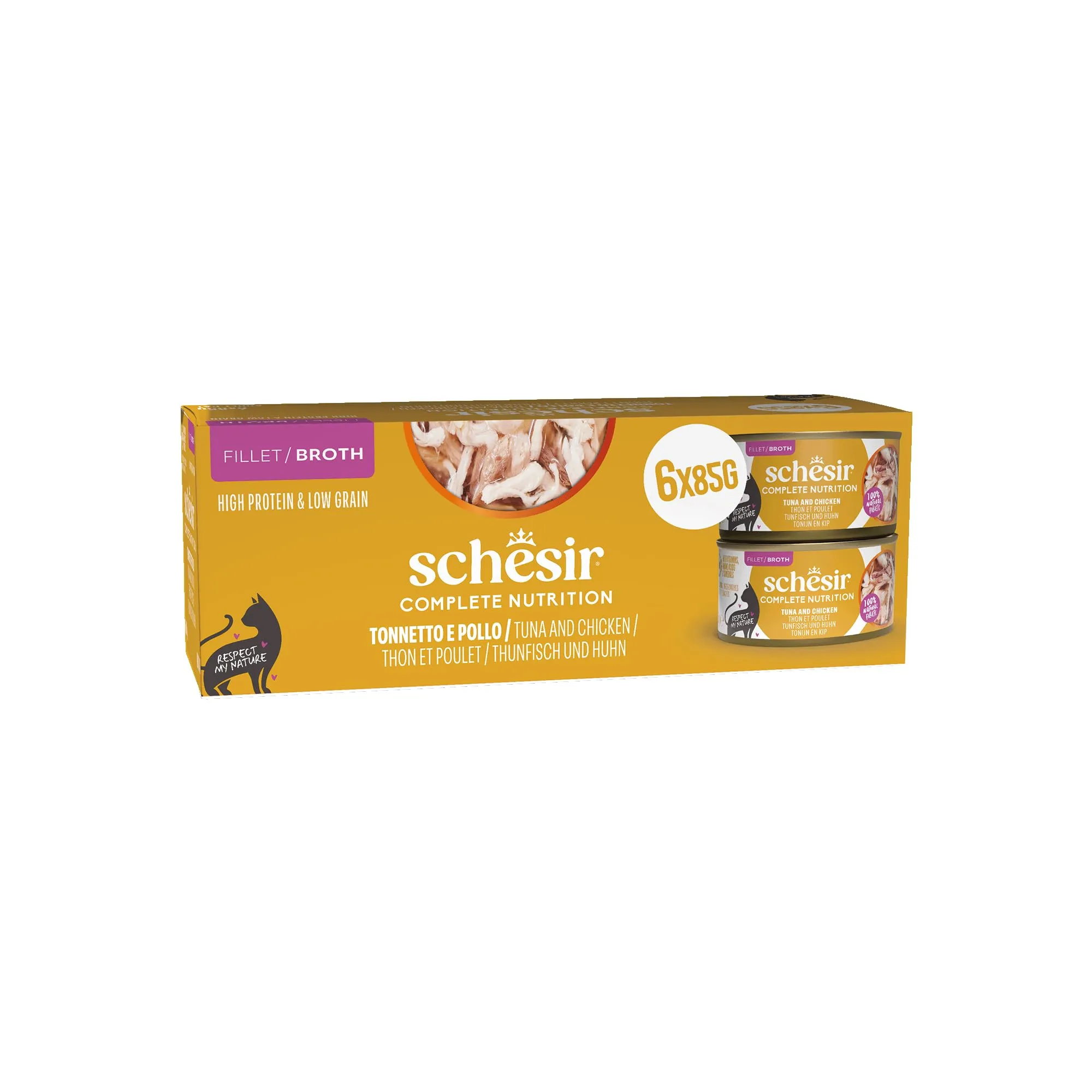 Schesir Tonnetto con Pollo in Brodo, Alimento Umido Completo per Gatti, 6 x 85g - immagine 1