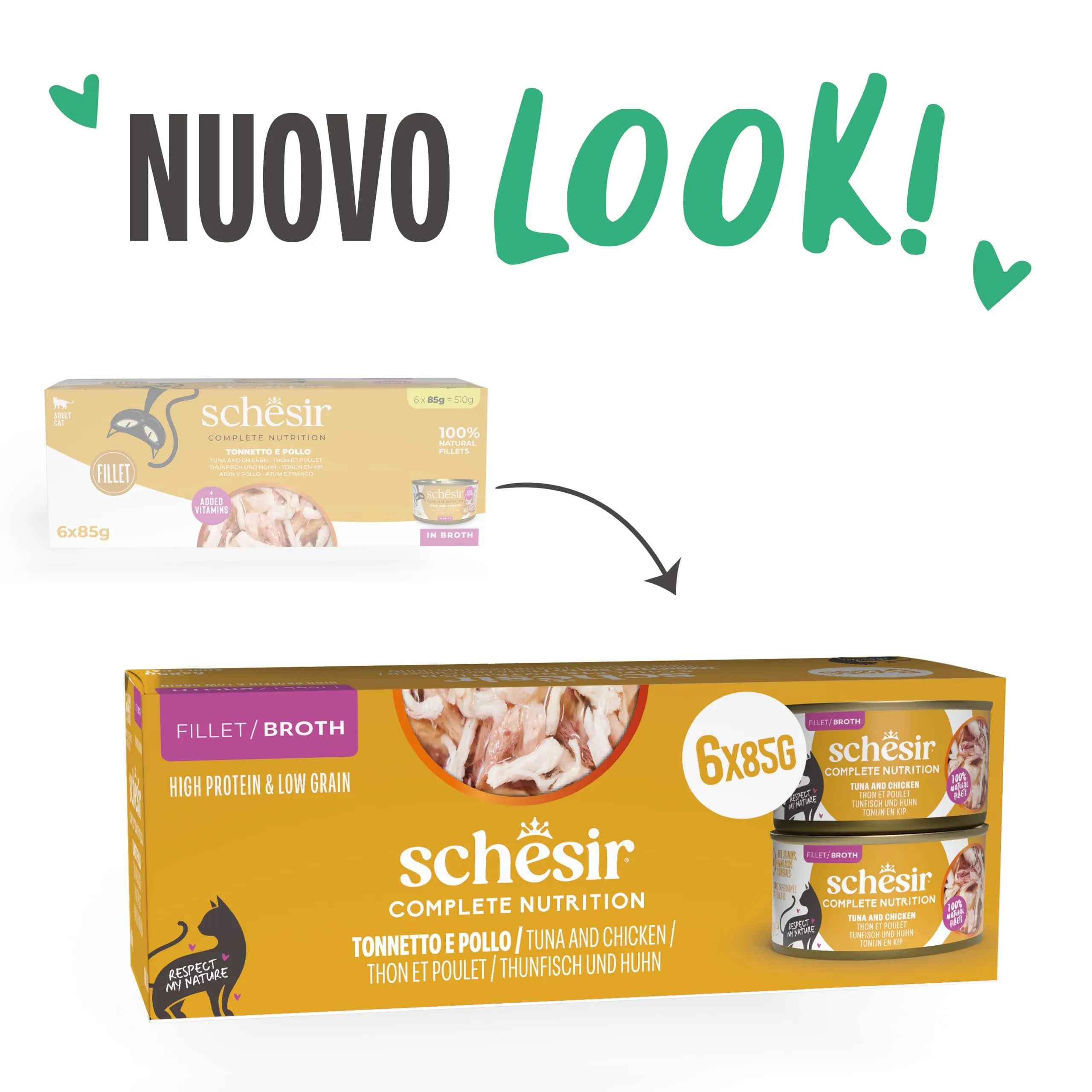 Schesir Tonnetto con Pollo in Brodo, Alimento Umido Completo per Gatti, 6 x 85g - immagine 2