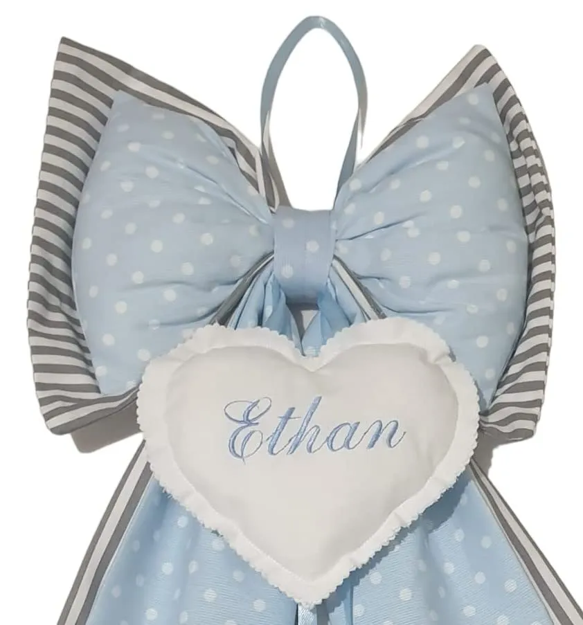 ZAIRISE Fiocco Nascita Personalizzato con Nome Ricamato, 100% Cotone Handmade in Italy, Coccarda Decorativa Grigia a Pois, 52 x 35 cm - immagine 2