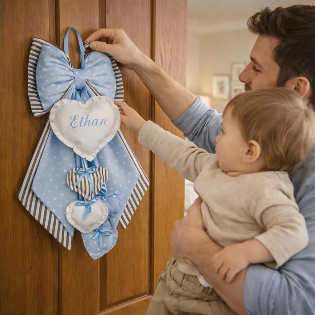 ZAIRISE Fiocco Nascita Personalizzato con Nome Ricamato, 100% Cotone Handmade in Italy, Coccarda Decorativa Grigia a Pois, 52 x 35 cm - immagine 8
