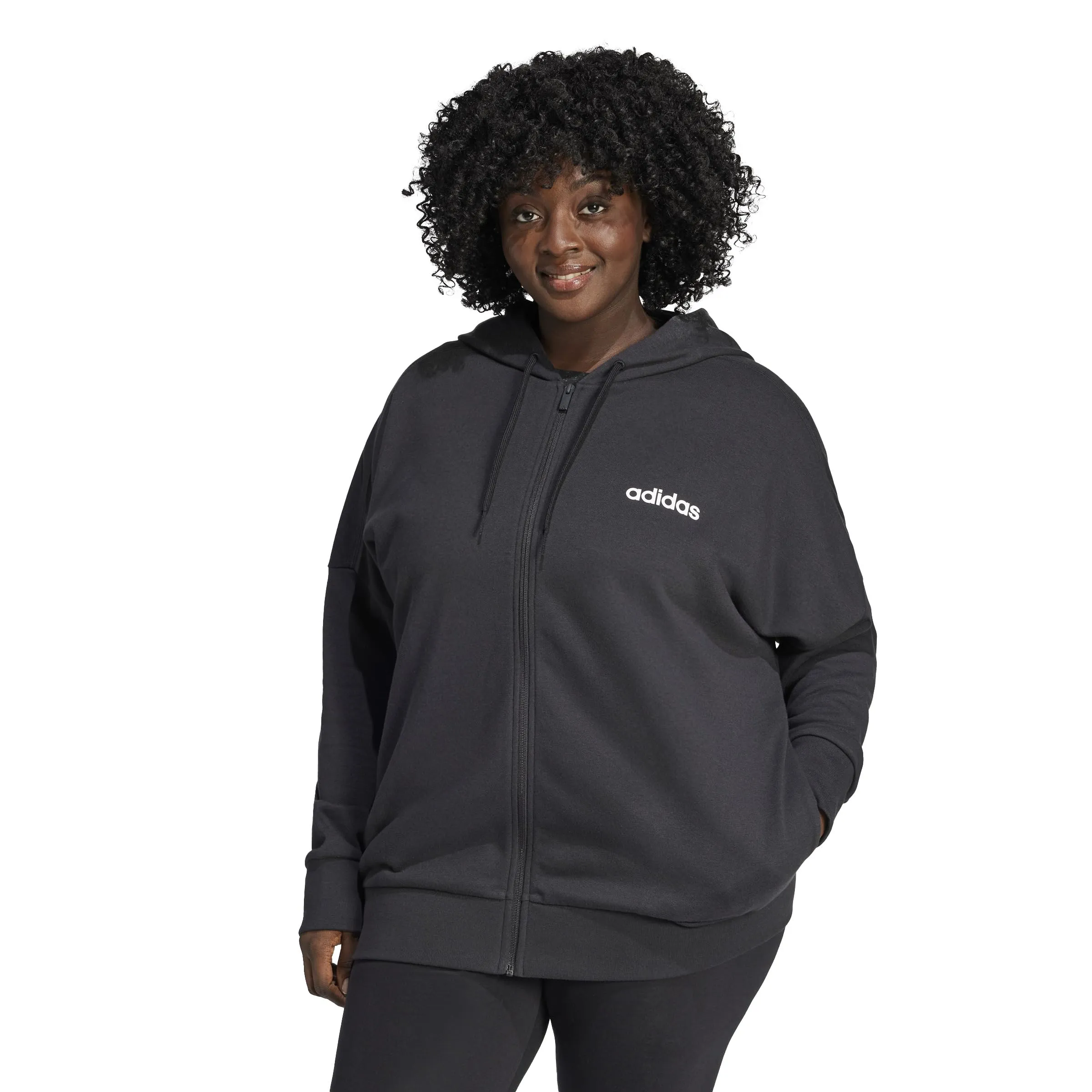 adidas Women's Essentials Linear Full Zip French Terry Hoodie Sweatshirt, Black/White, XXS - immagine 2