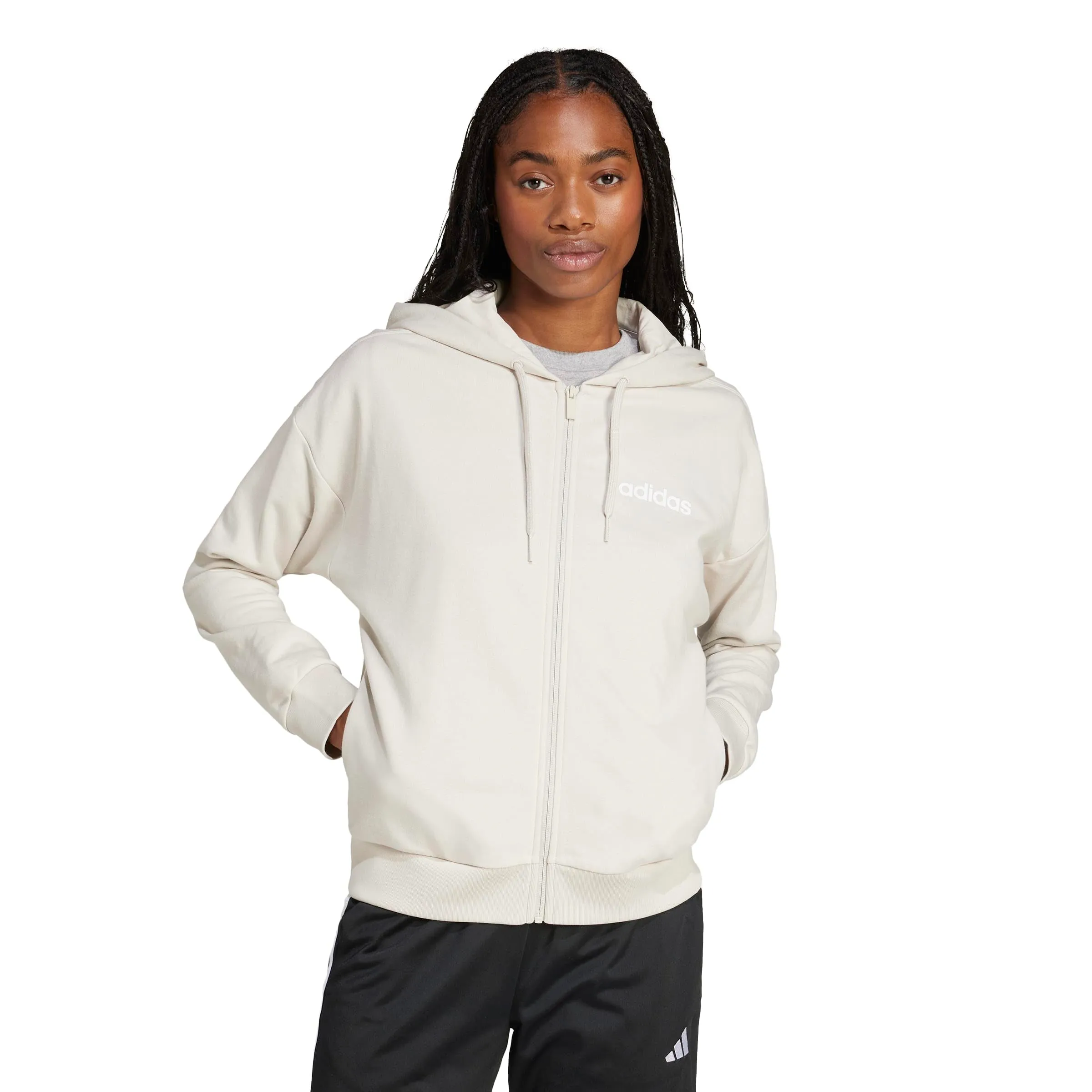 adidas Essentials Linear Full Zip French Terry Hoodie Sweatshirt - Wonder Alumina/White, XS - immagine 3