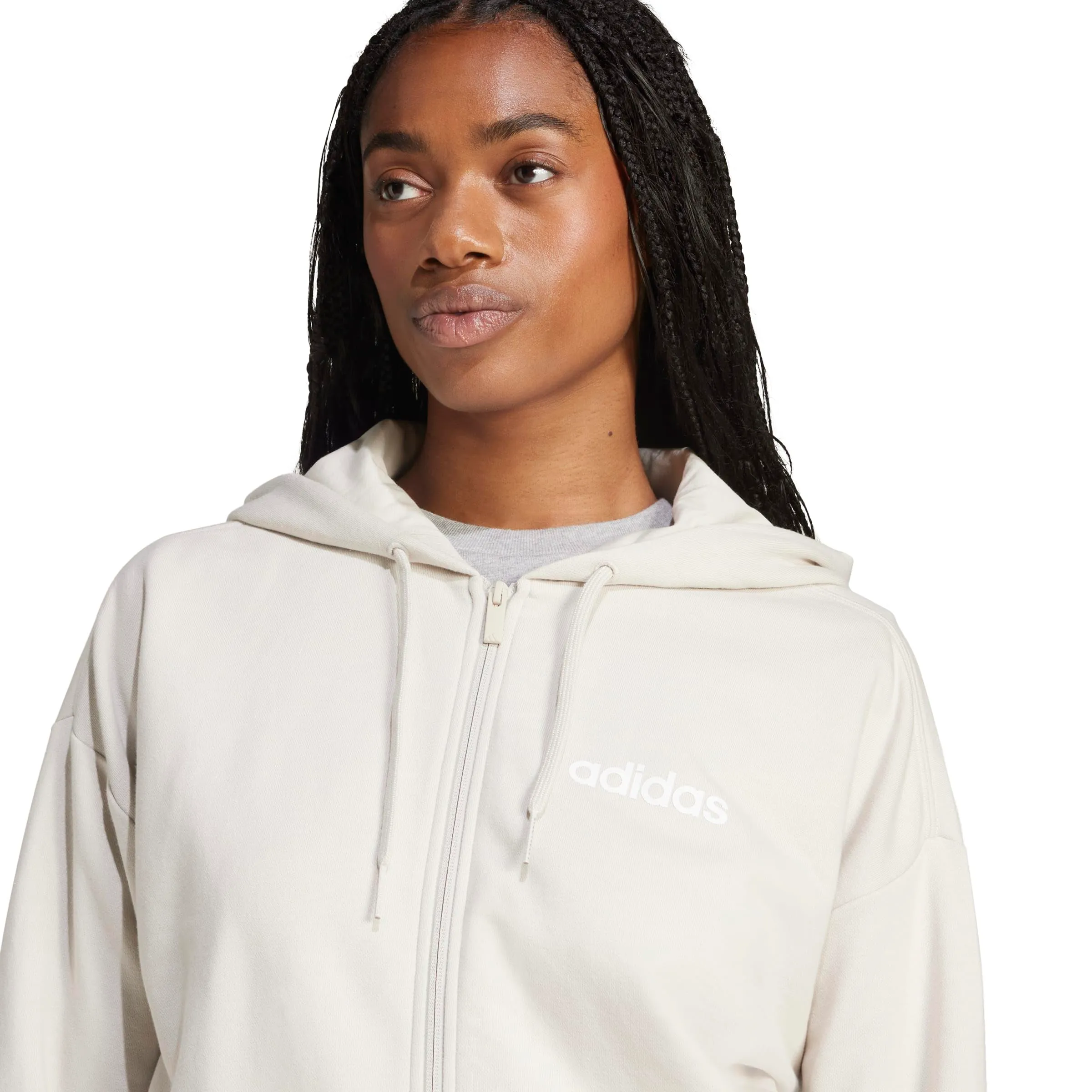 adidas Essentials Linear Full Zip French Terry Hoodie Sweatshirt - Wonder Alumina/White, XS - immagine 5