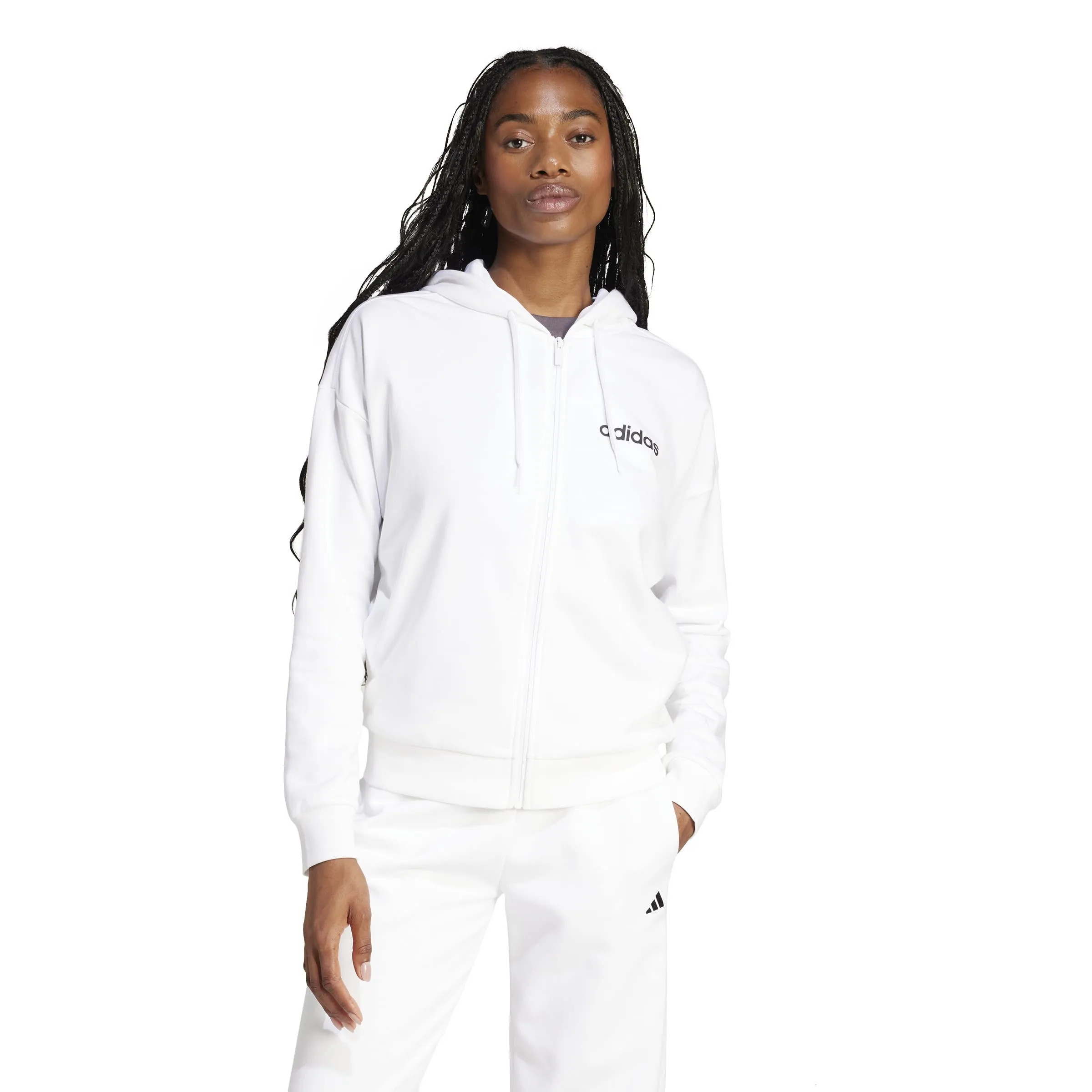 adidas Donna Essentials Linear Full Zip French Terry Hoodie - White/Black - XL - immagine 3