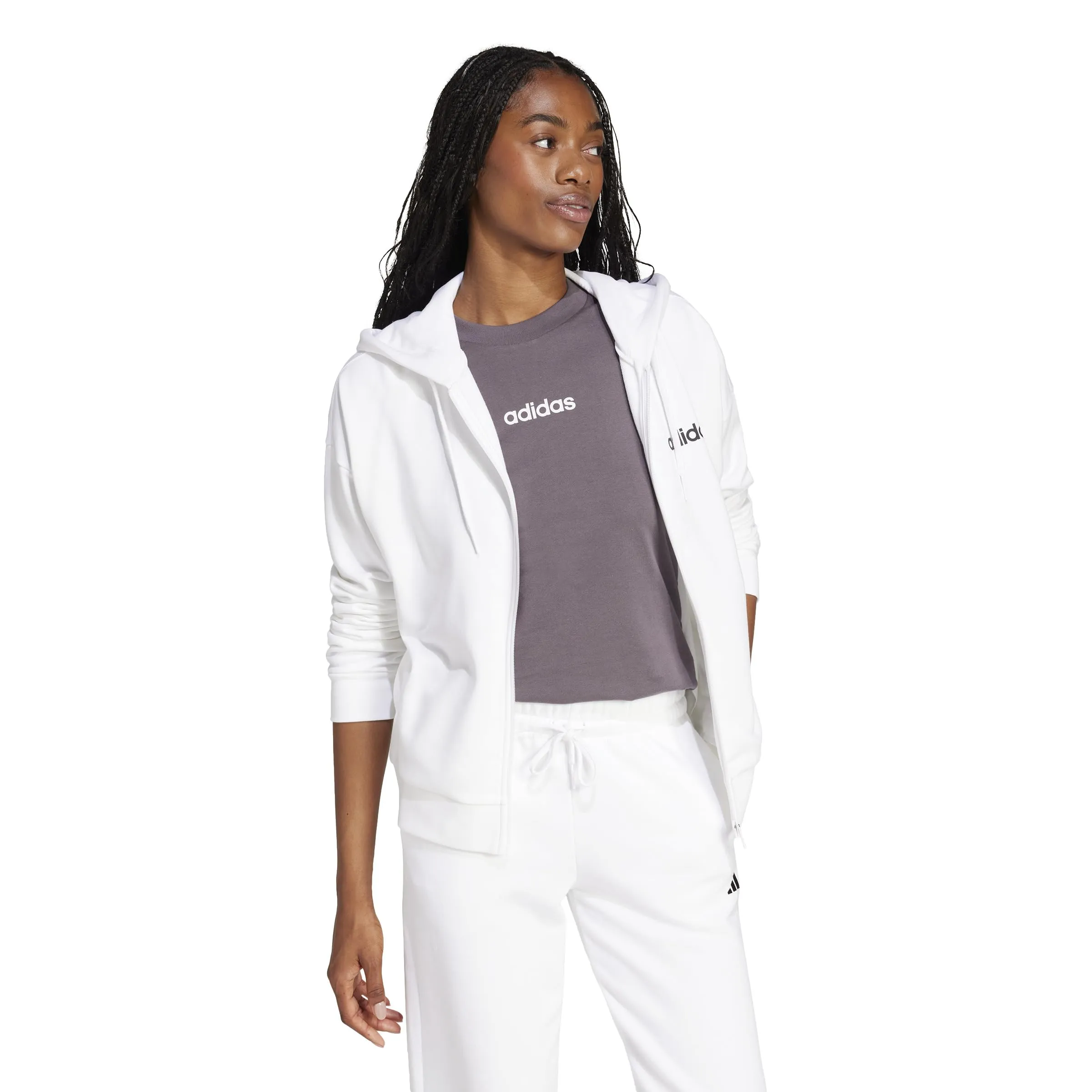 adidas Donna Essentials Linear Full Zip French Terry Hoodie - White/Black - XL - immagine 4