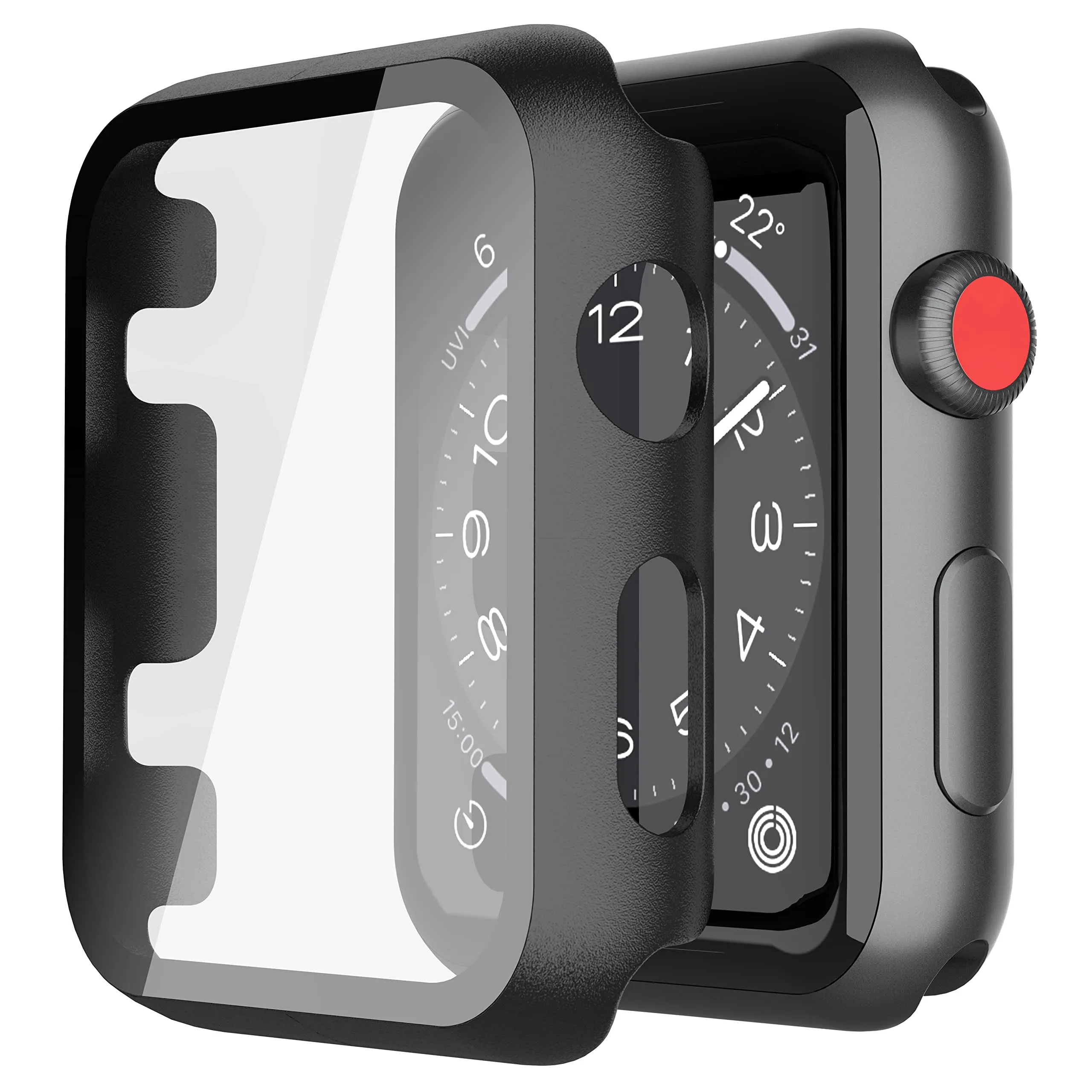 Misxi Cover con Vetro Temperato per Apple Watch Serie 2/3 42mm, Nero (2 Pezzi) - immagine 1