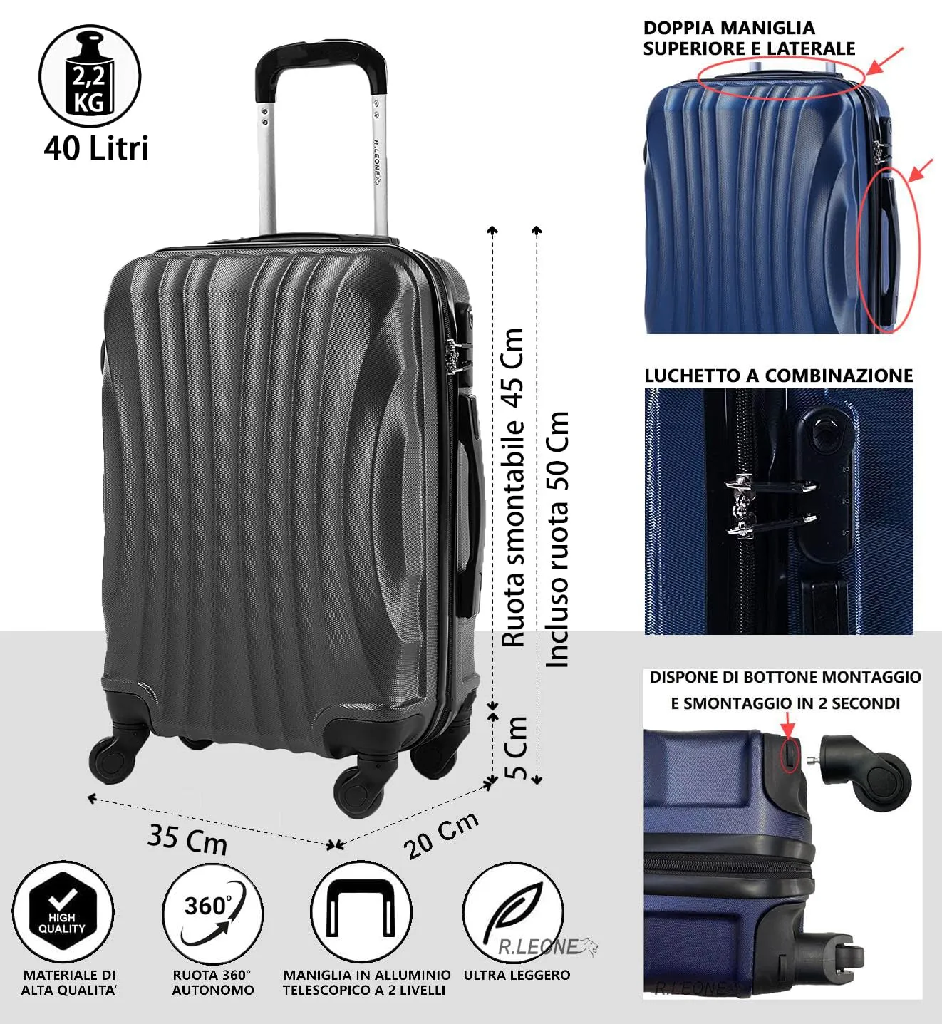 R.Leone EasyJet Valigia Trolley Bagaglio a mano in ABS 4 Ruote Rimovibili 20374 (Grigio Scuro, 50x35x20 cm) - immagine 2