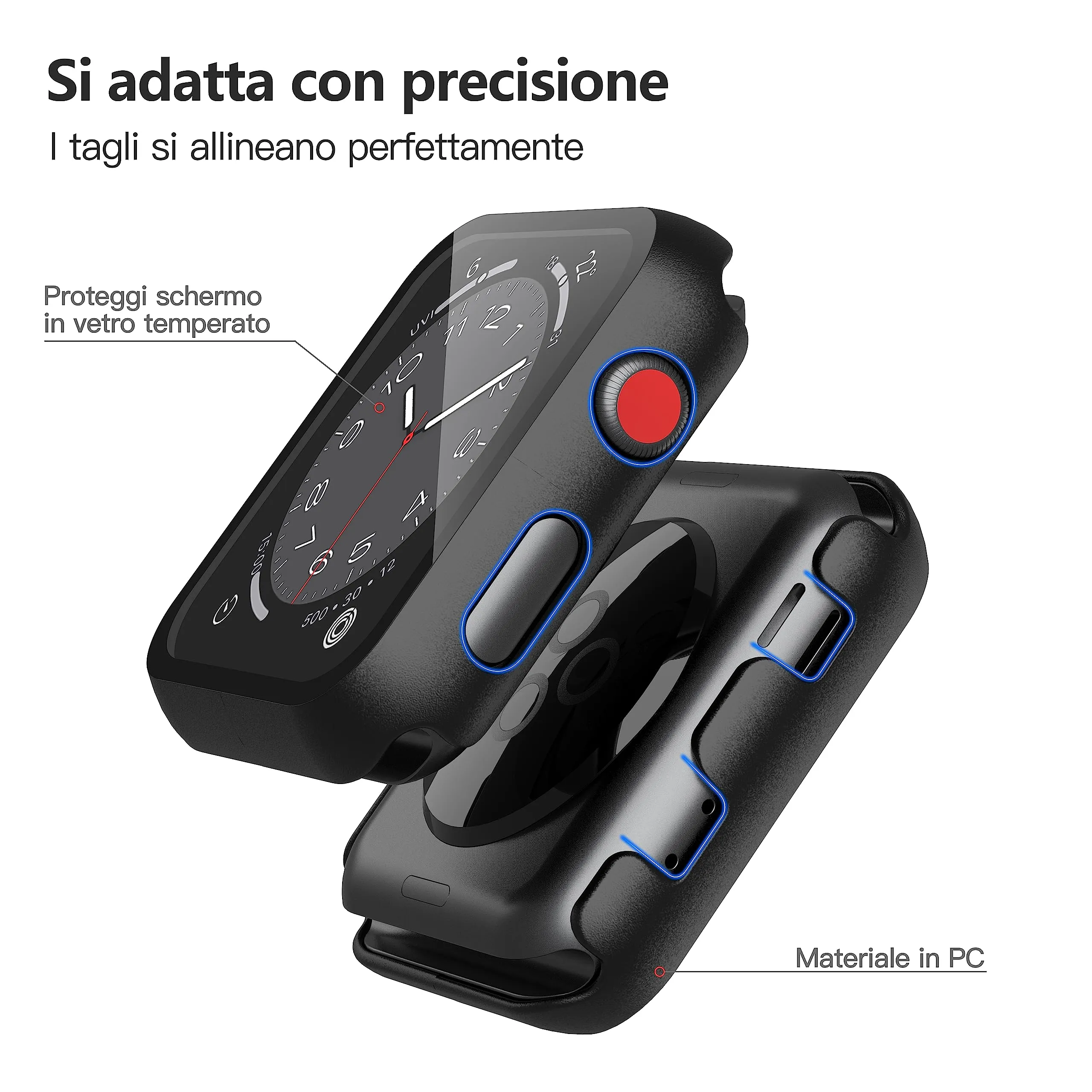 Misxi Cover con Vetro Temperato per Apple Watch Serie 2/3 38mm, Nero (2 Pezzi) - immagine 3