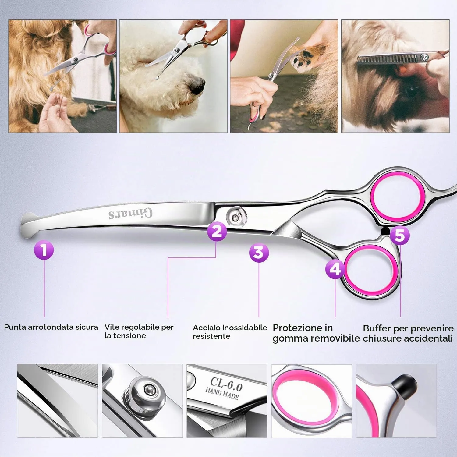 Gimars 4CR Set Forbici da Toelettatura per Cani e Gatti 6 in 1 in Acciaio Inossidabile con Punta Rotonda di Sicurezza - immagine 4