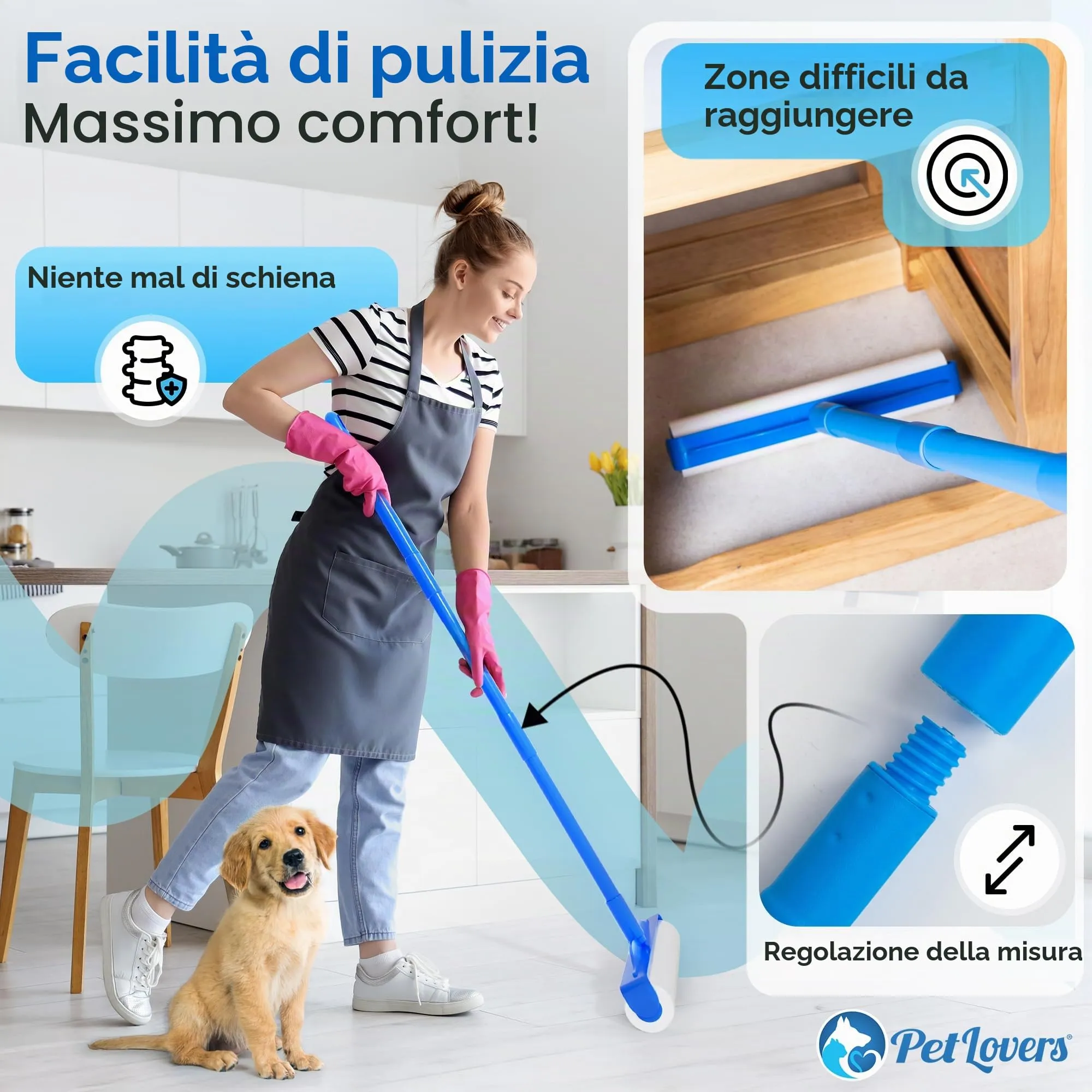 PetLovers Rullo Rimuovi Peli Large con 3 Ricariche, 360 Fogli per Pavimenti e Tappeti - immagine 5