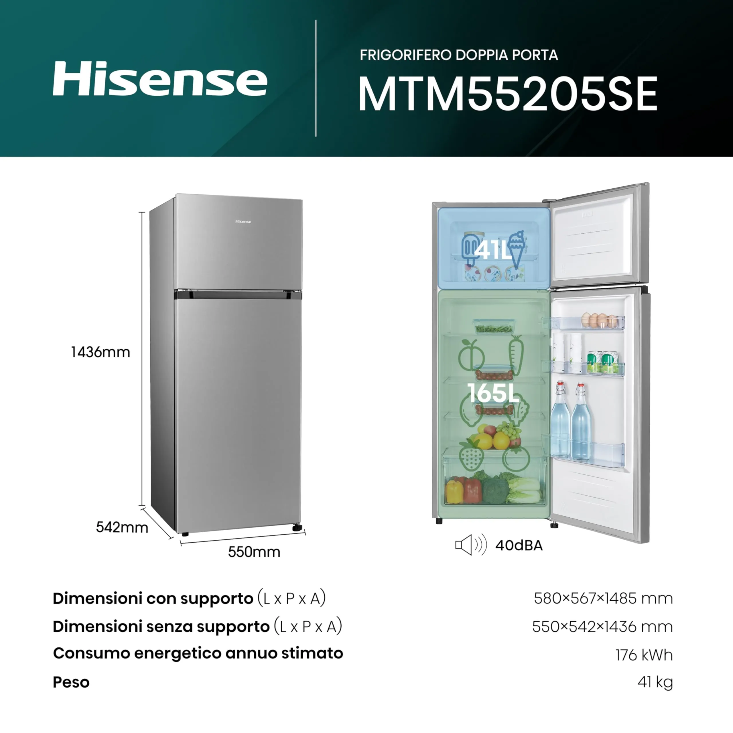 Hisense MTM55205SE Frigorifero Doppia Porta, 206 L, Silver - immagine 2